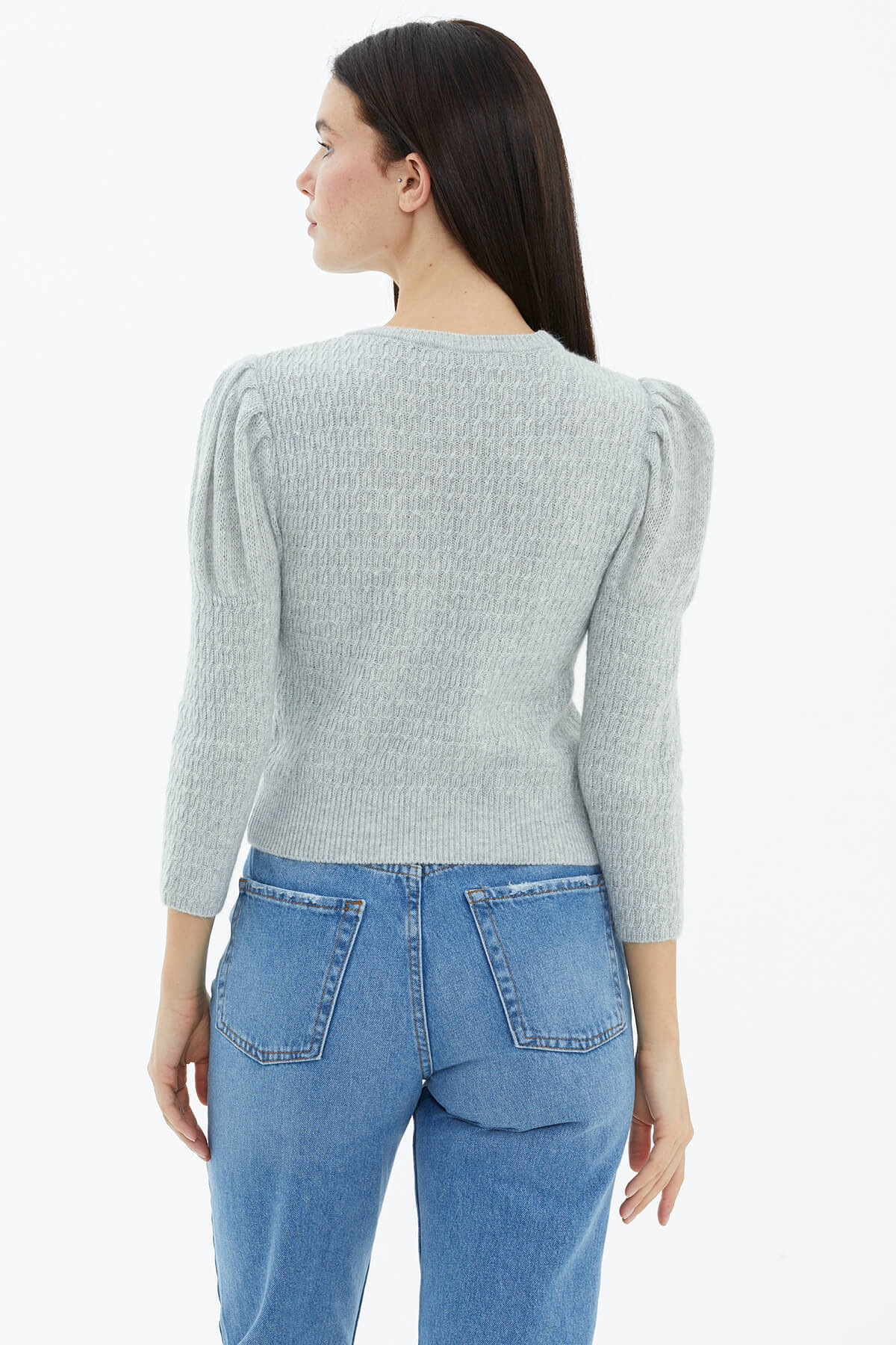 Balon Kol Saç Örgülü Triko Kazak - Gri (4) Sementa