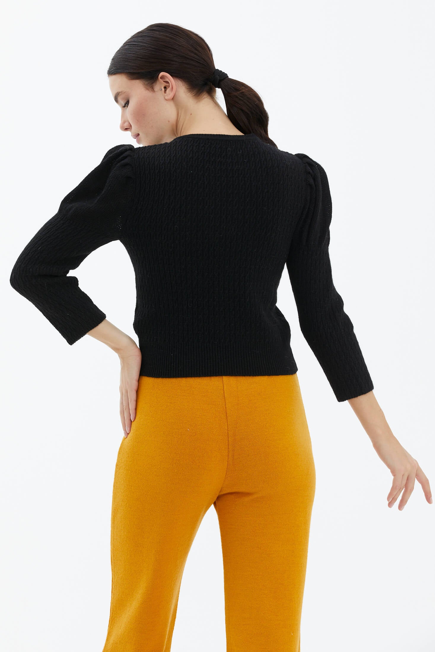 Balon Kol Saç Örgülü Triko Kazak - Siyah (3) Sementa