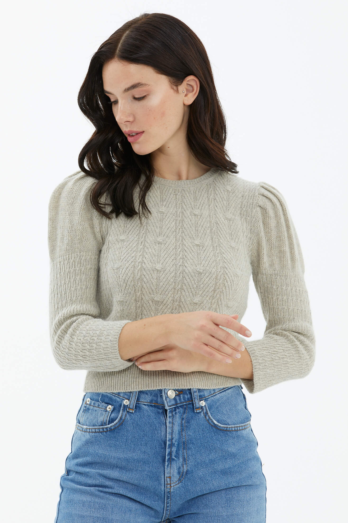 Balon Kol Saç Örgülü Triko Kazak - Somon (3) Sementa