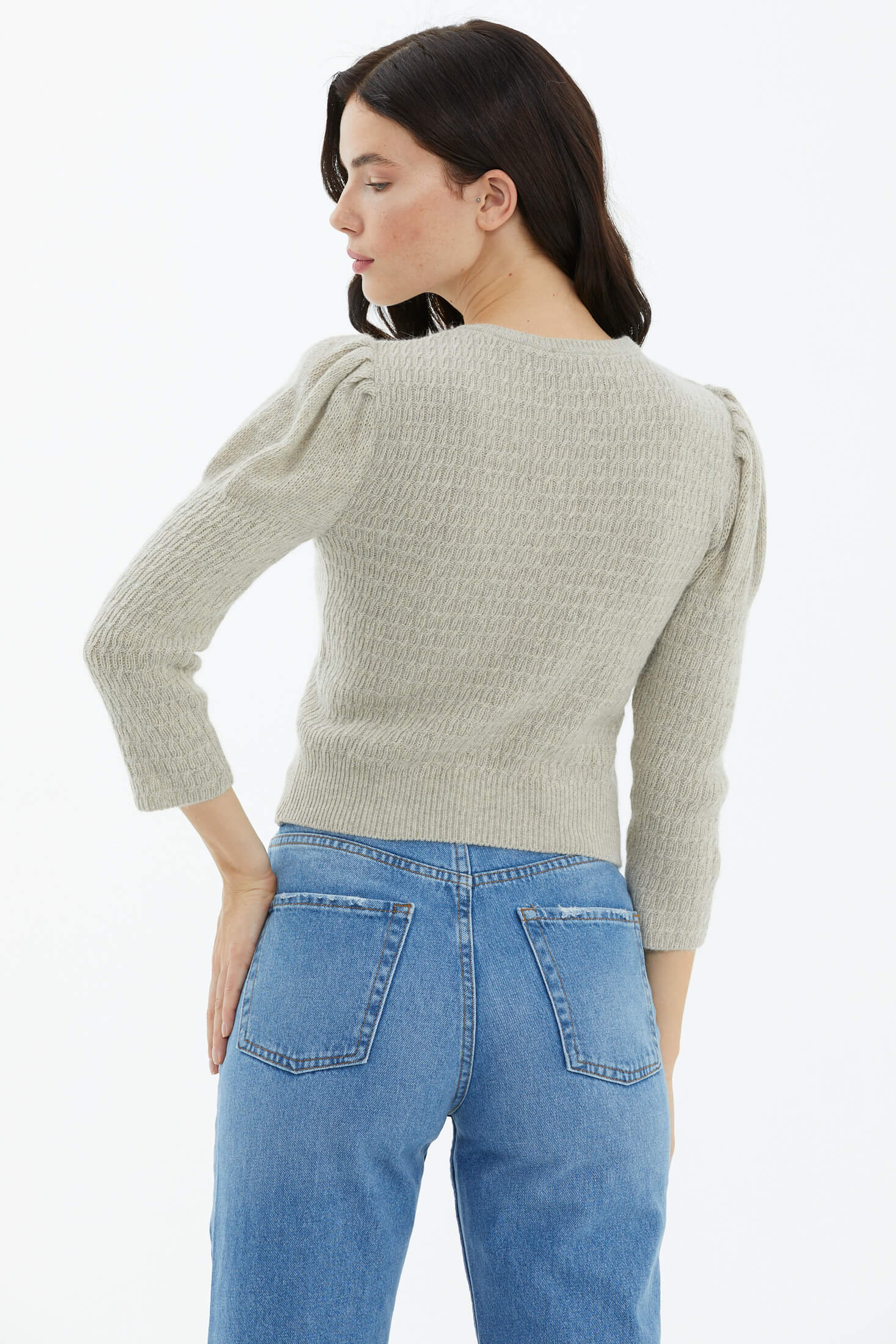 Balon Kol Saç Örgülü Triko Kazak - Somon (4) Sementa