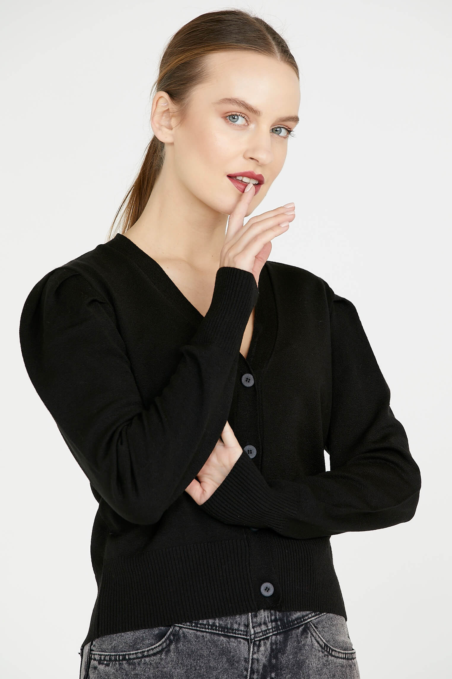 Balon Kol Triko Hırka - Siyah (3) Sementa