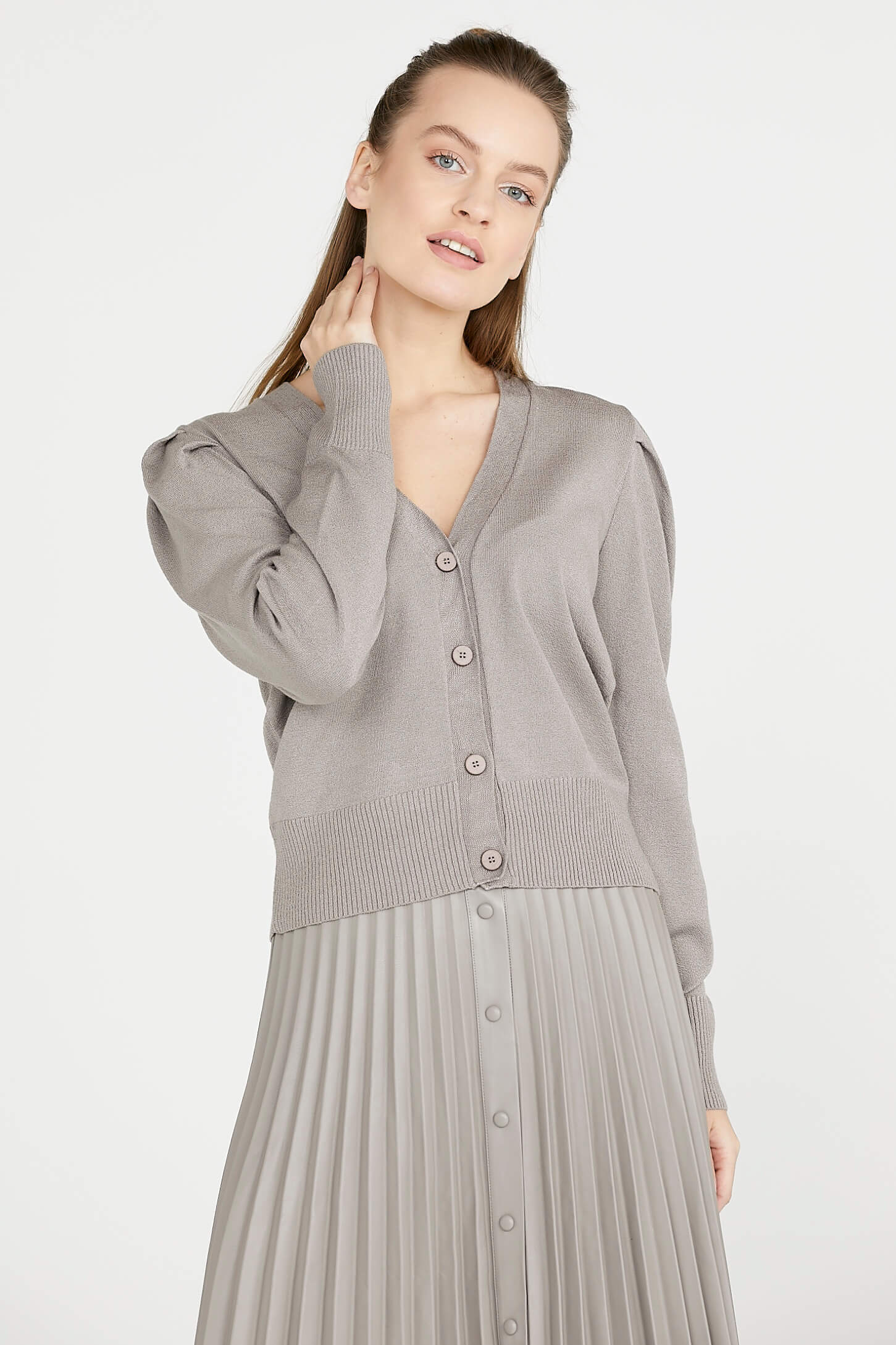 Balon Kol Triko Hırka - Vizon (4) Sementa