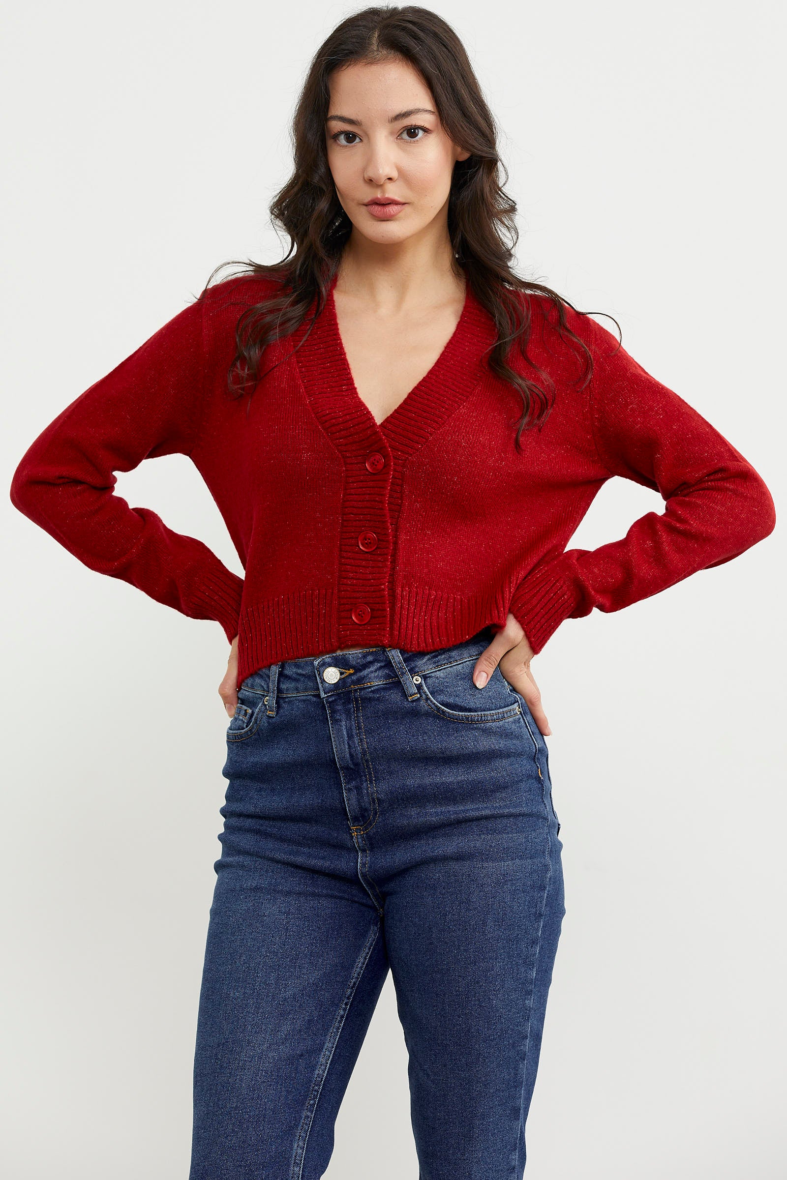 Basic Düğmeli Kısa Triko Hırka - Kırmızı (3) Sementa