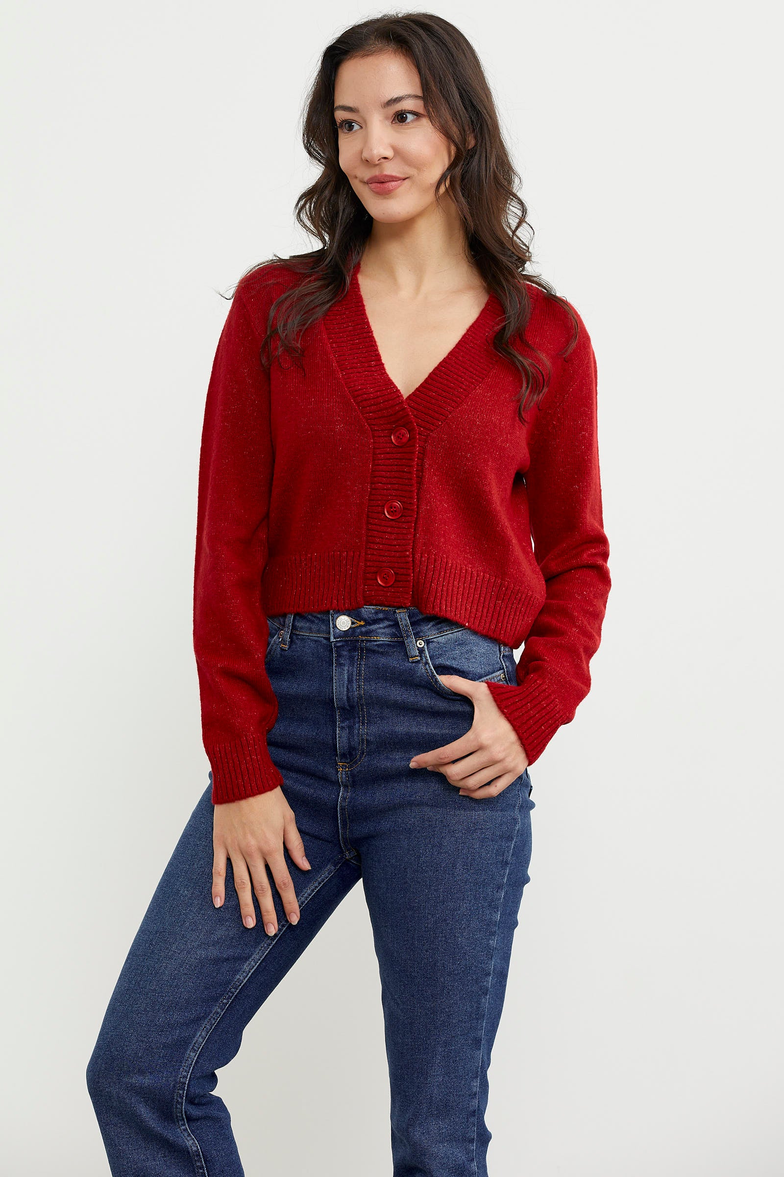 Basic Düğmeli Kısa Triko Hırka - Kırmızı (2) Sementa