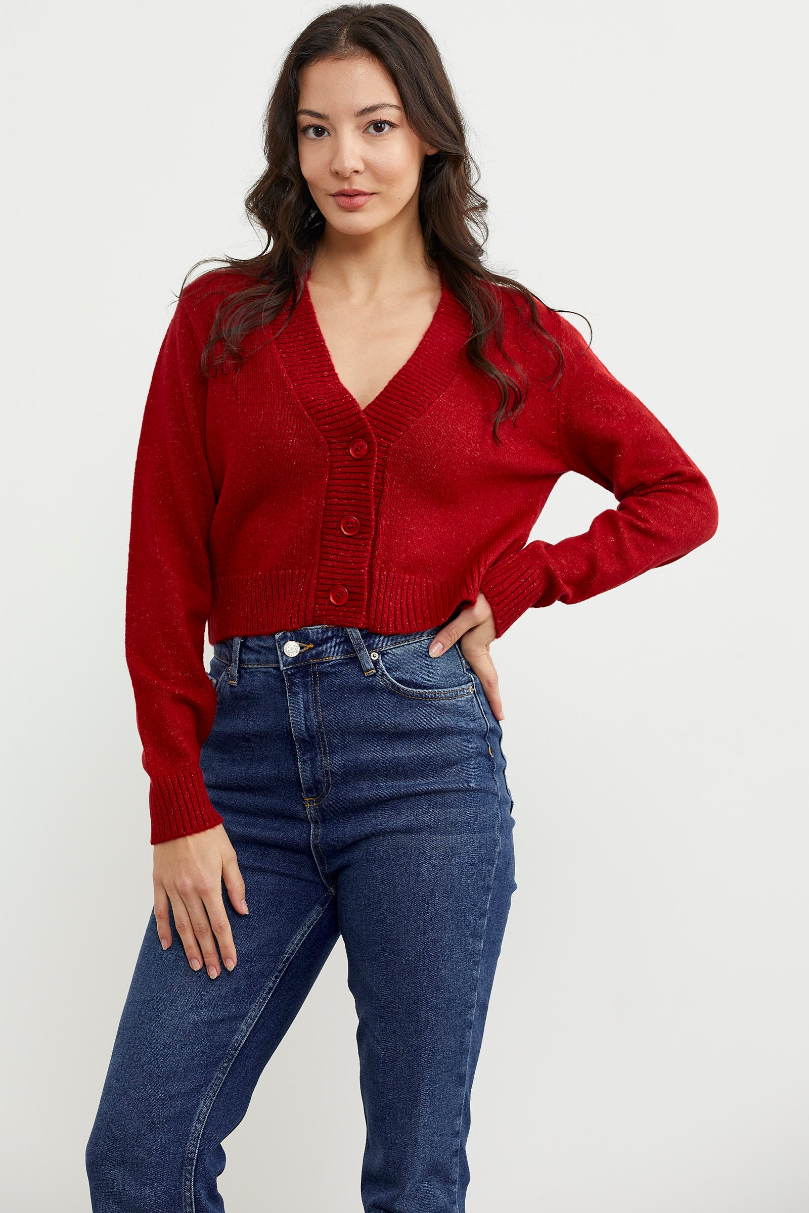 Basic Düğmeli Kısa Triko Hırka - Kırmızı (1) Sementa