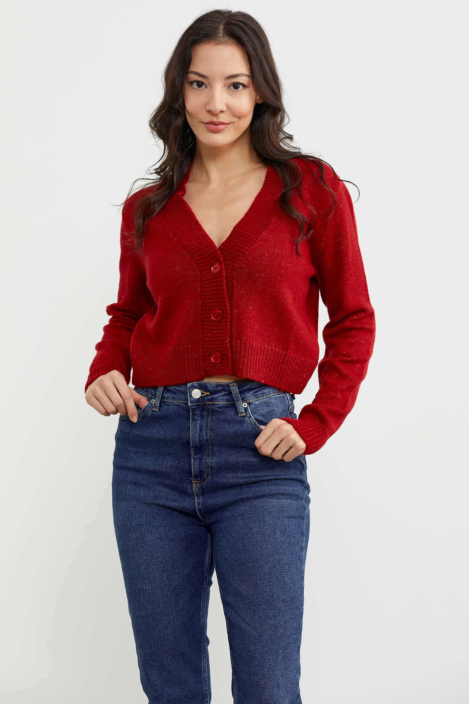 Basic Düğmeli Kısa Triko Hırka - Kırmızı (4) Sementa