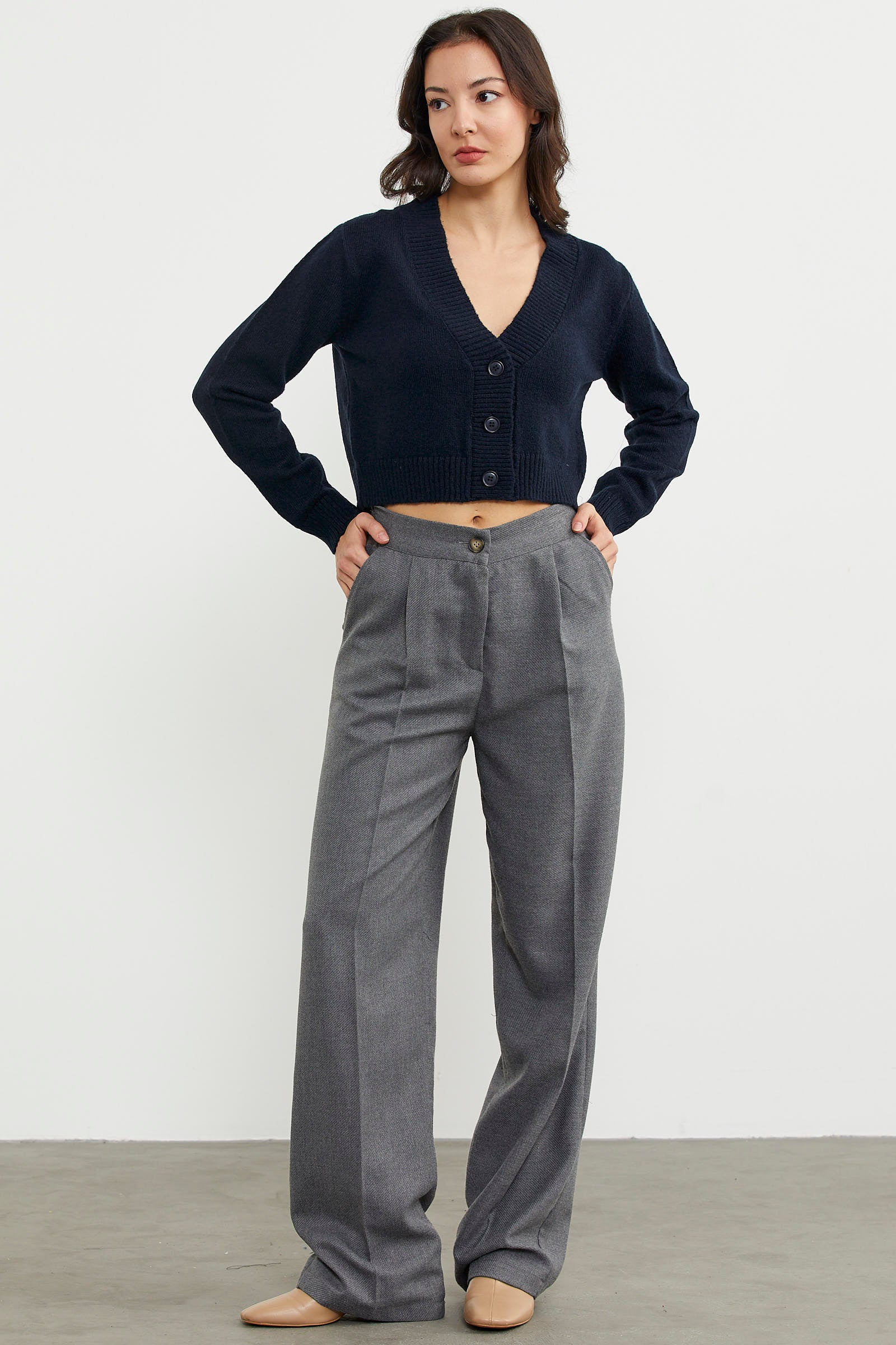 Basic Düğmeli Kısa Triko Hırka - Lacivert (2) Sementa