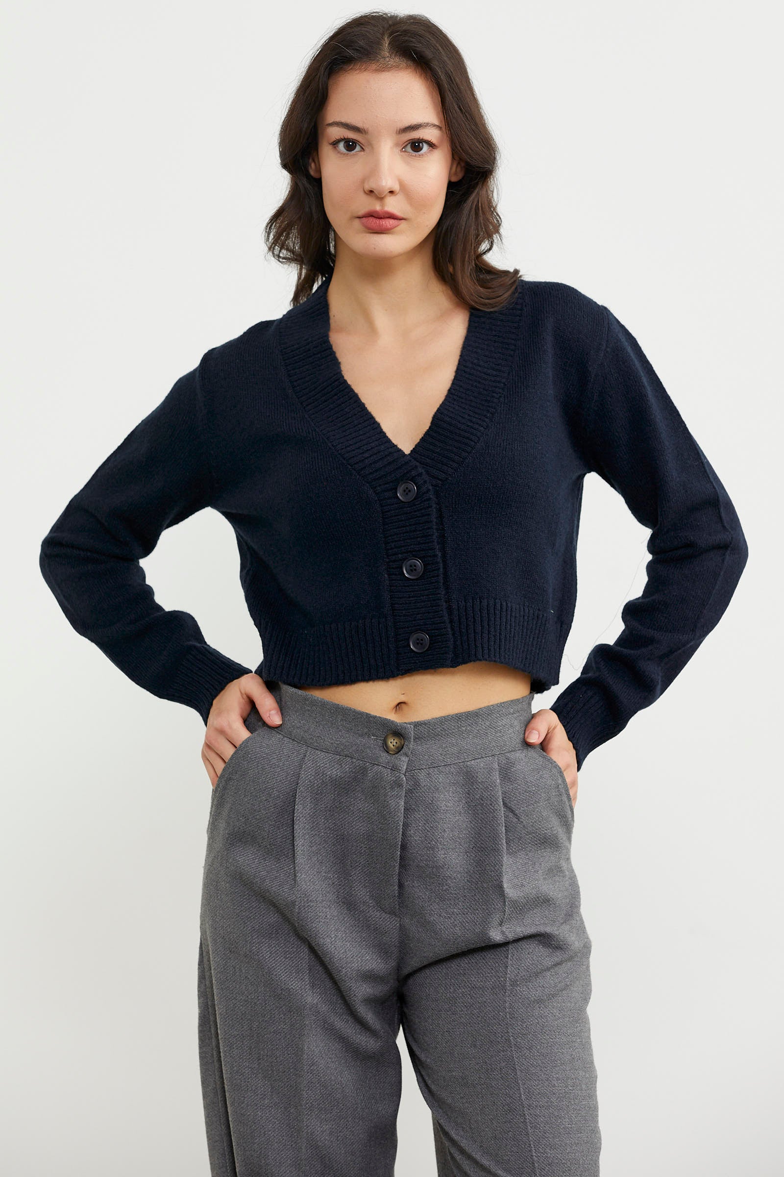 Basic Düğmeli Kısa Triko Hırka - Lacivert (1) Sementa