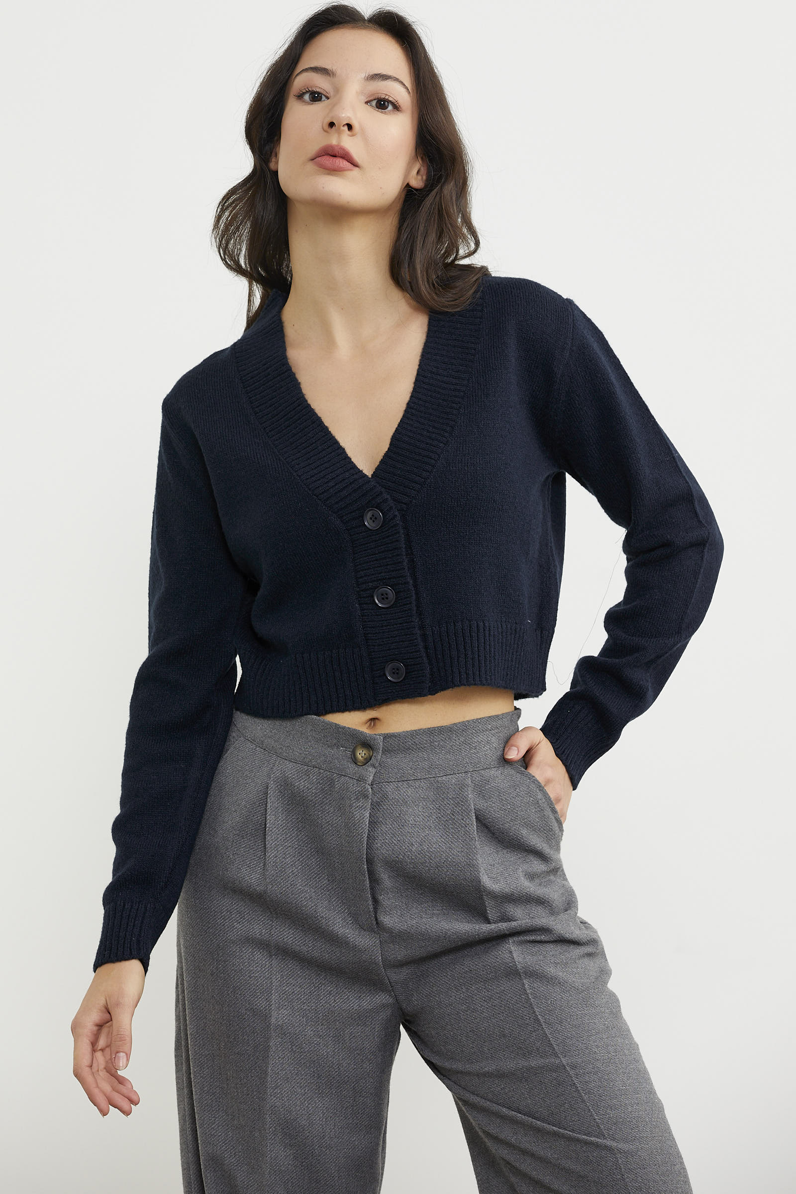 Basic Düğmeli Kısa Triko Hırka - Lacivert (4) Sementa