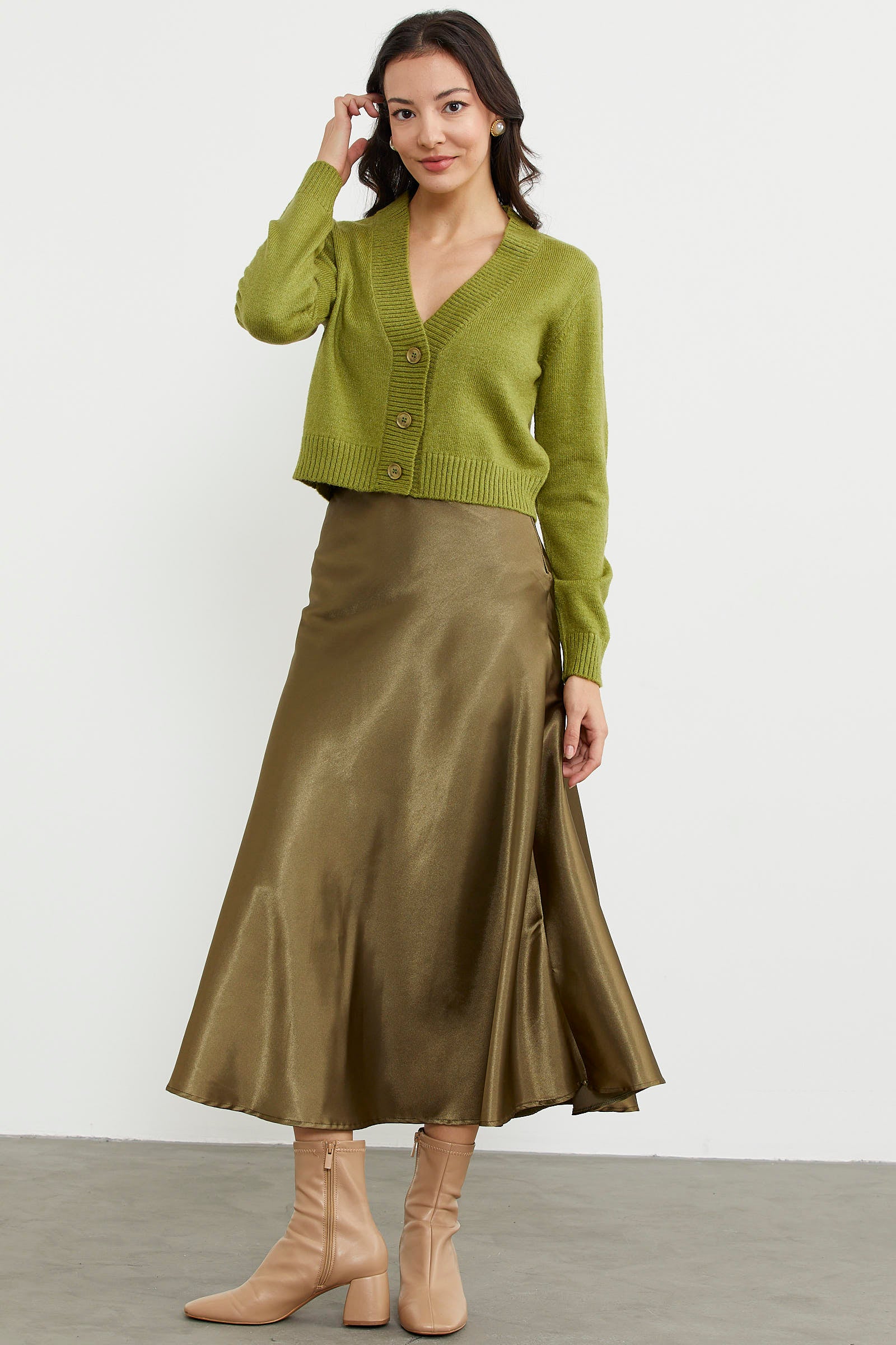 Basic Düğmeli Kısa Triko Hırka - Yeşil (4) Sementa