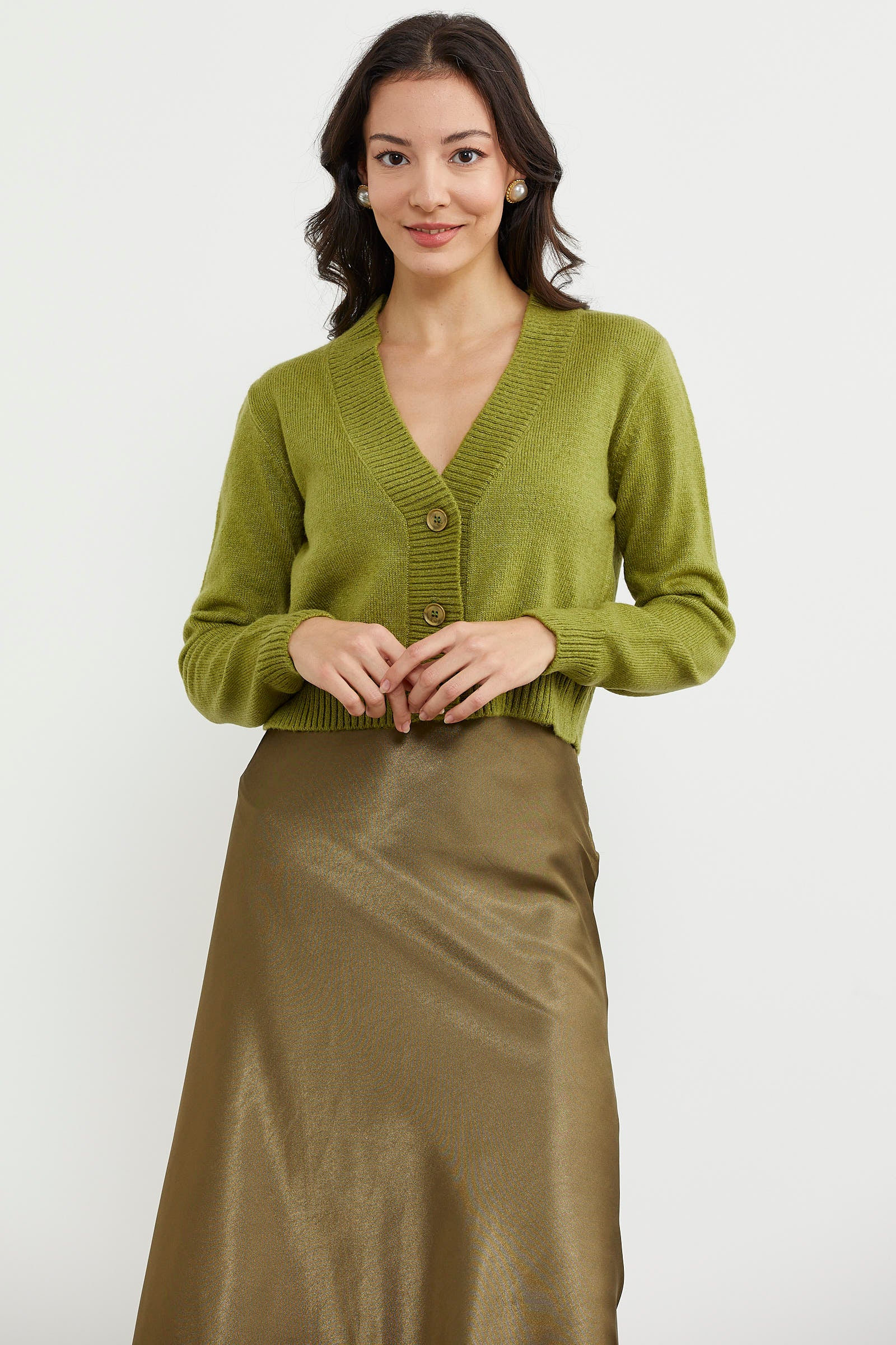 Basic Düğmeli Kısa Triko Hırka - Yeşil (1) Sementa