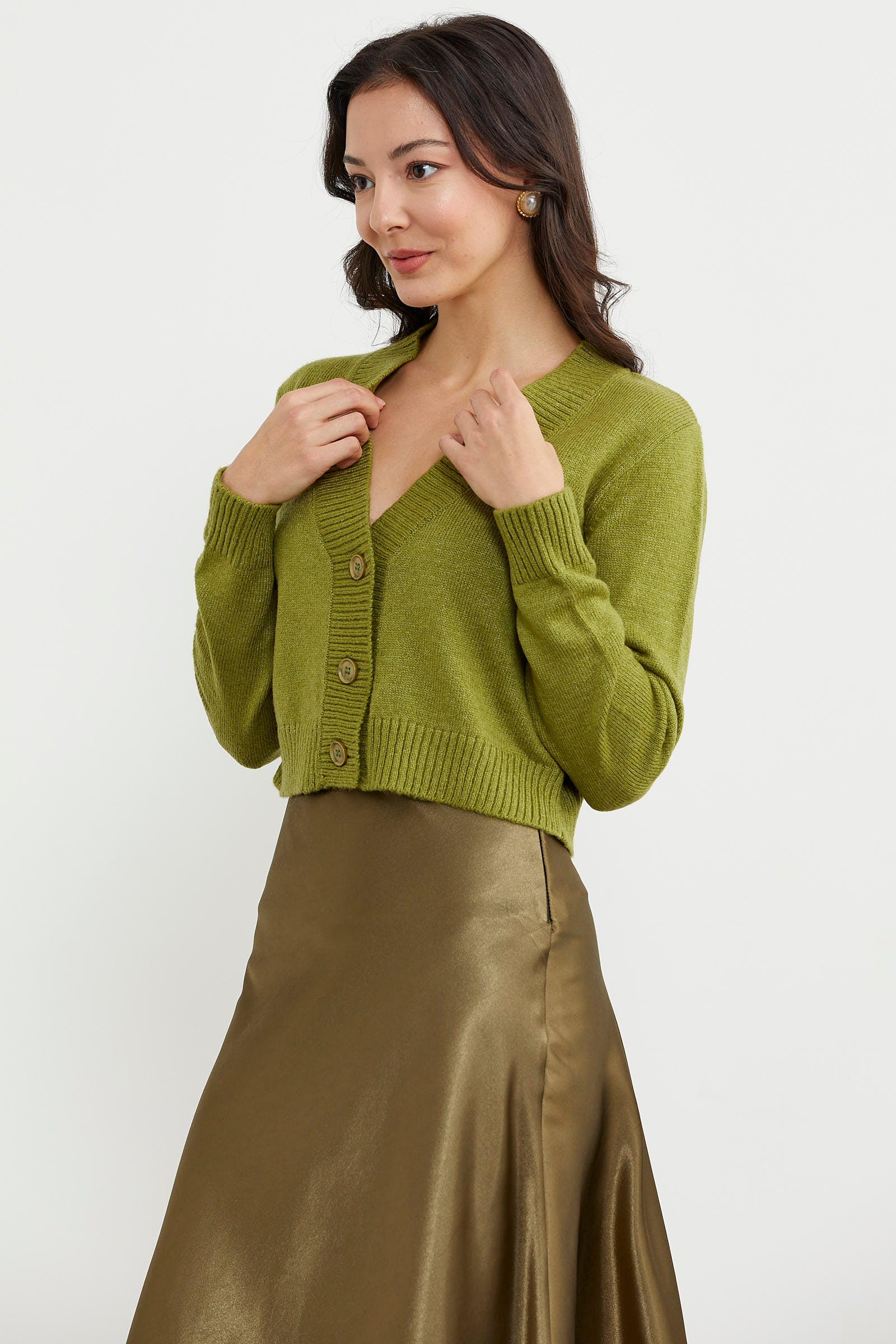 Basic Düğmeli Kısa Triko Hırka - Yeşil (5) Sementa