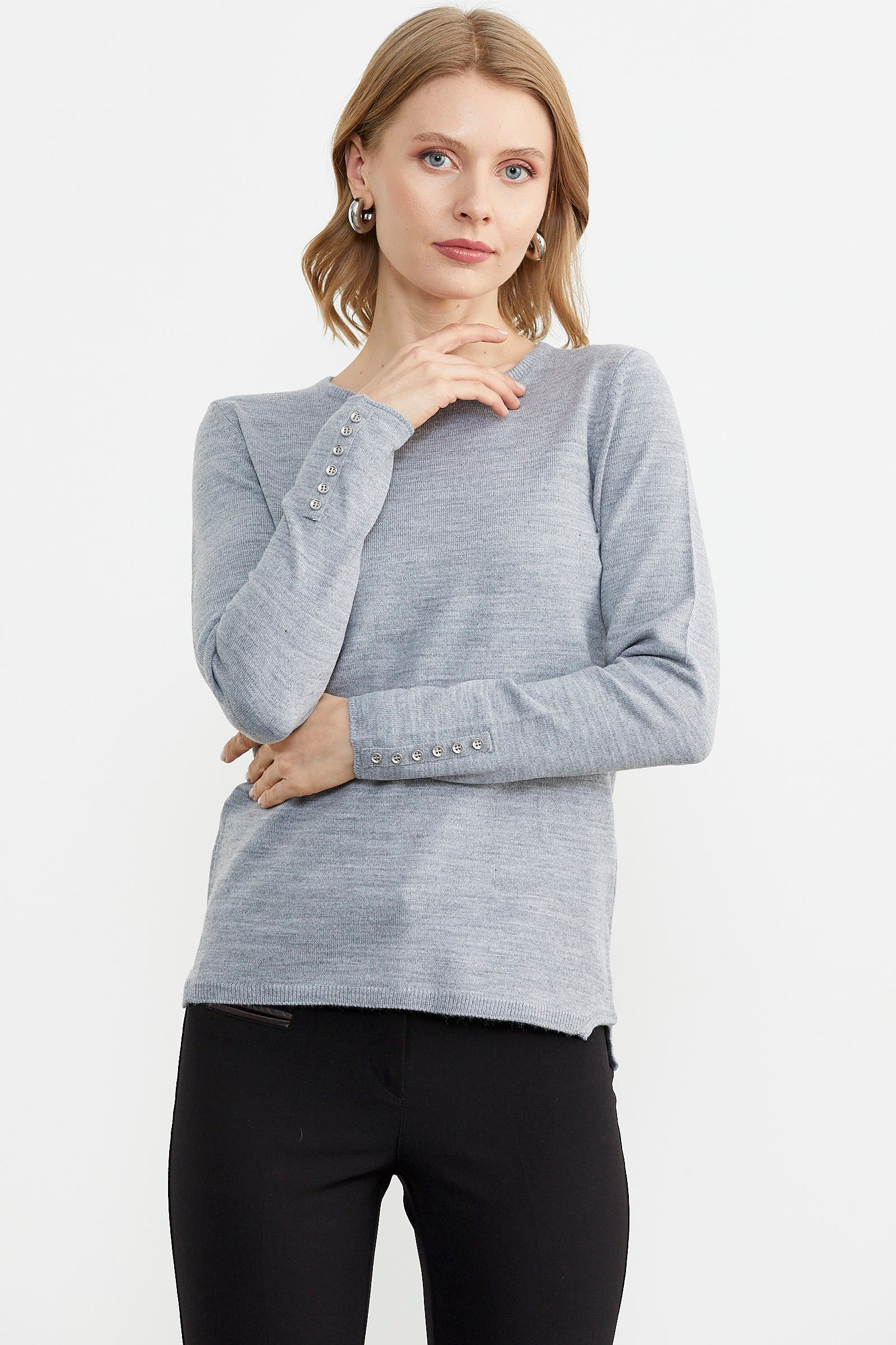 Basic Sıfır Yaka Triko Kazak - Gri (4) Sementa