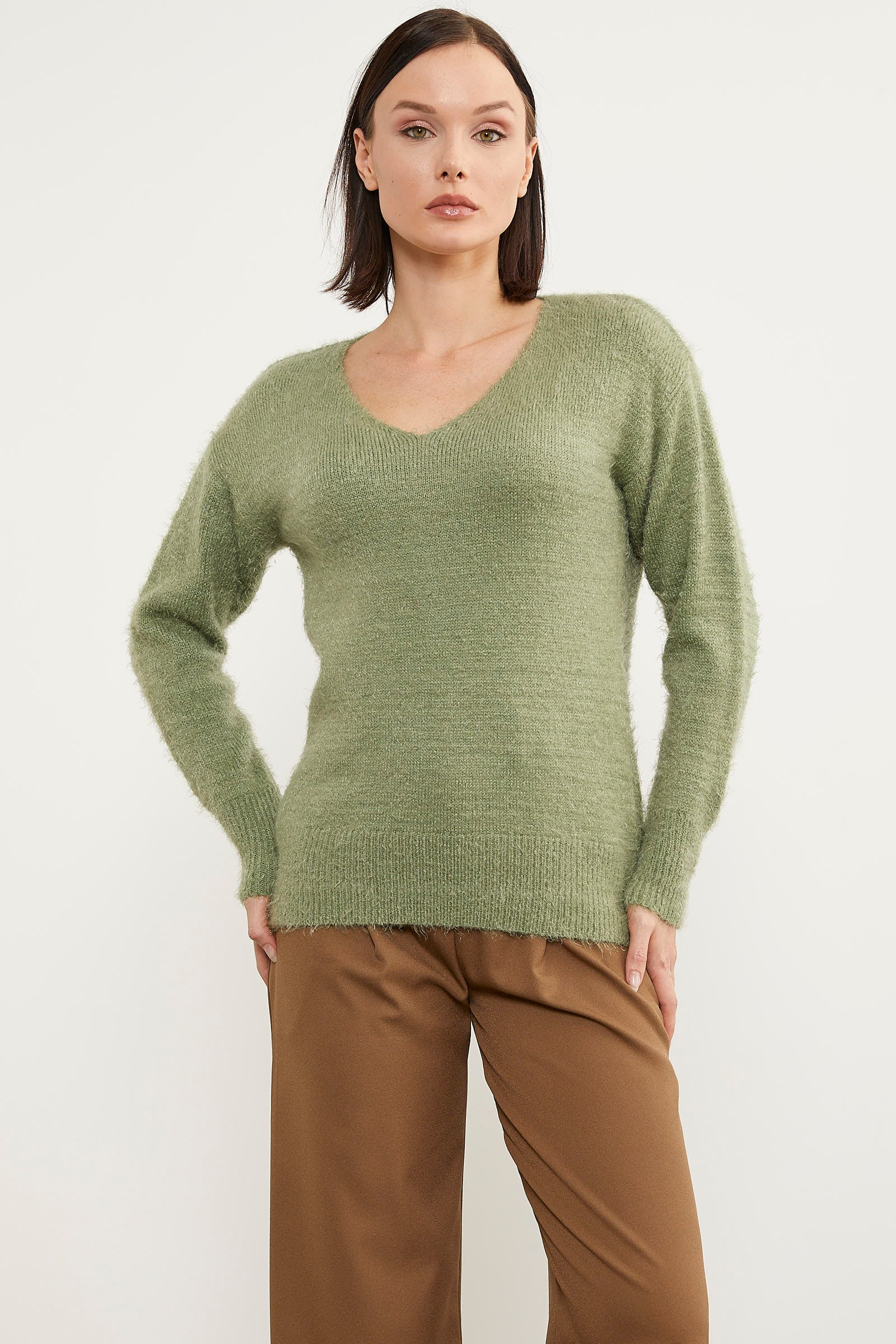 Basic V Yaka Triko Kazak - Çağla Yeşili (1) Sementa