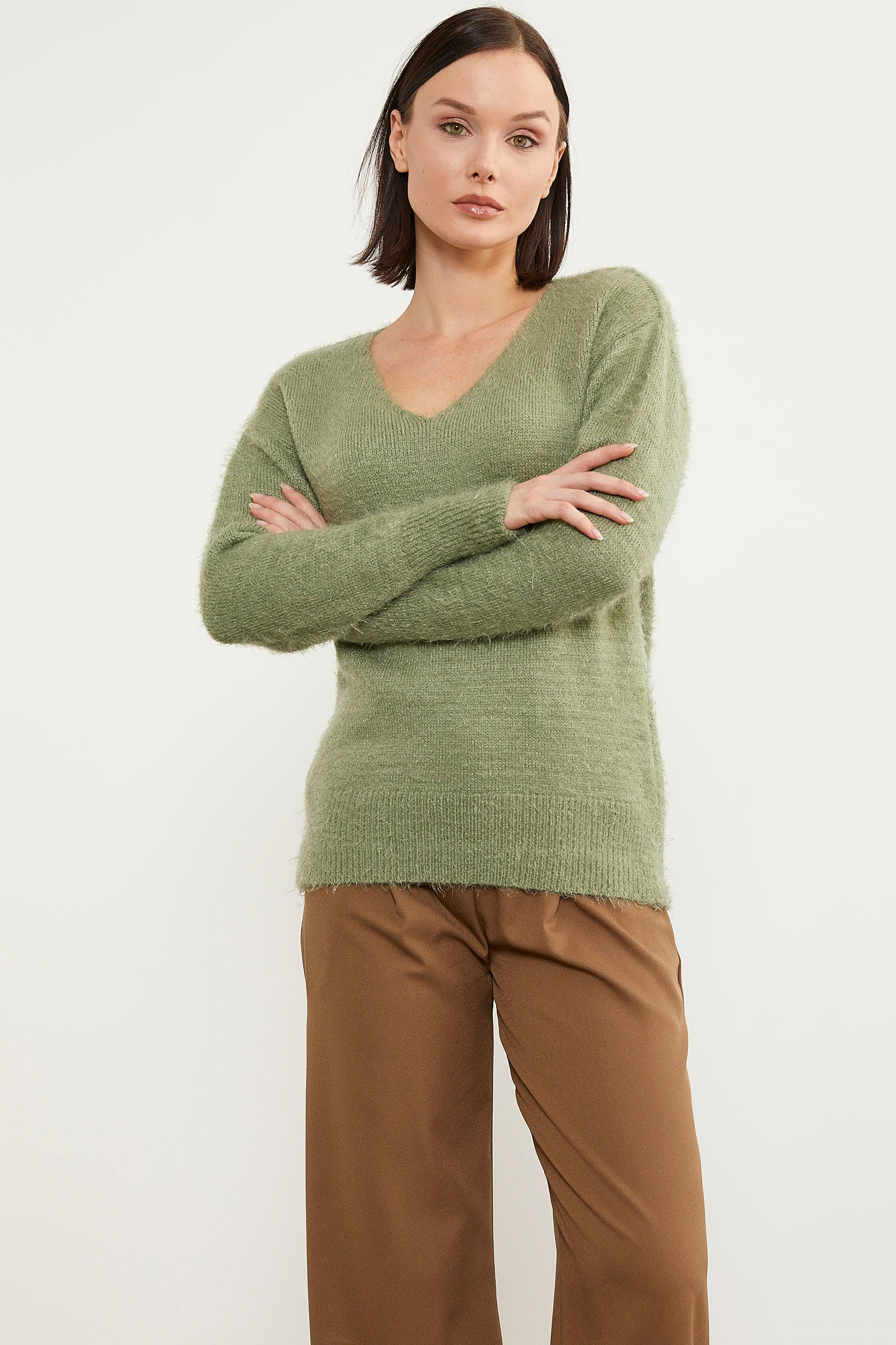 Basic V Yaka Triko Kazak - Çağla Yeşili (2) Sementa