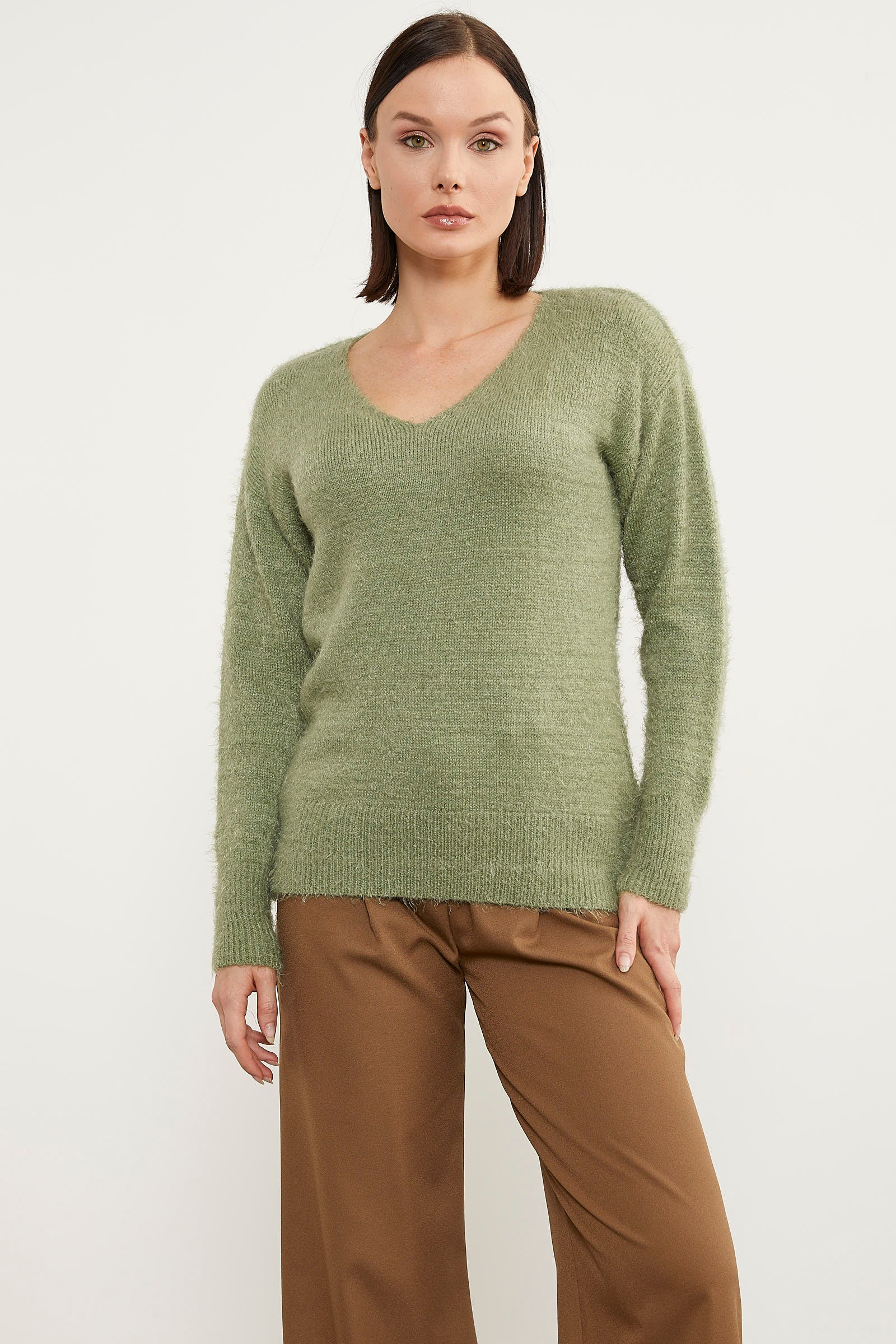 Basic V Yaka Triko Kazak - Çağla Yeşili (3) Sementa