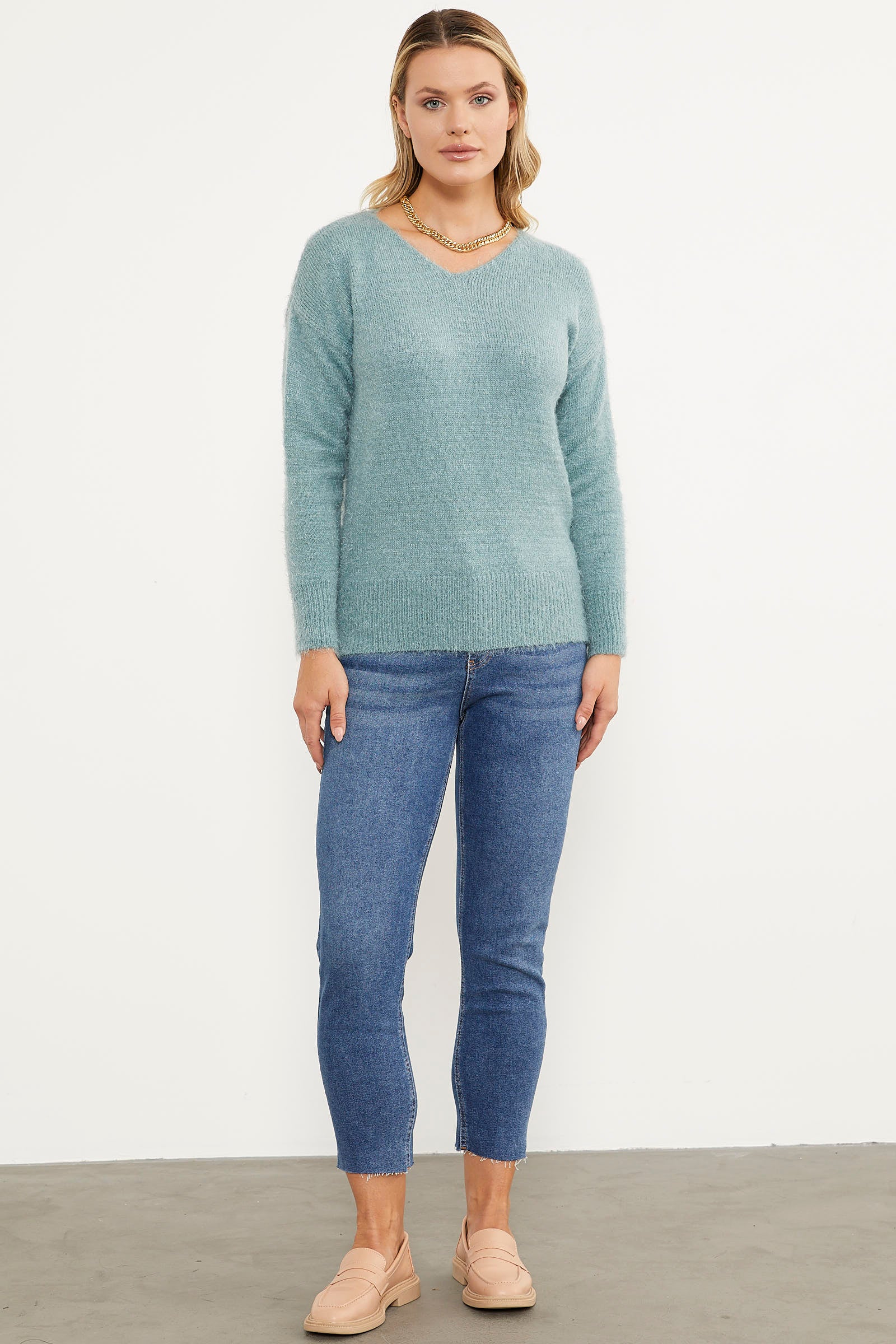 Basic V Yaka Triko Kazak - Mint (1) Sementa