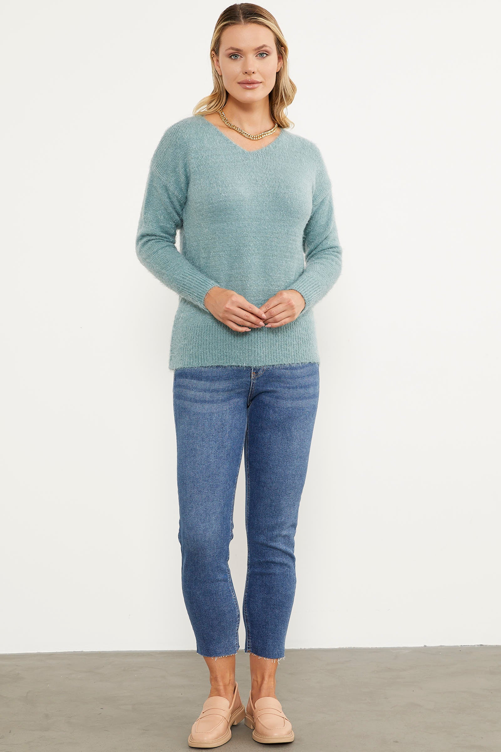 Basic V Yaka Triko Kazak - Mint (2) Sementa