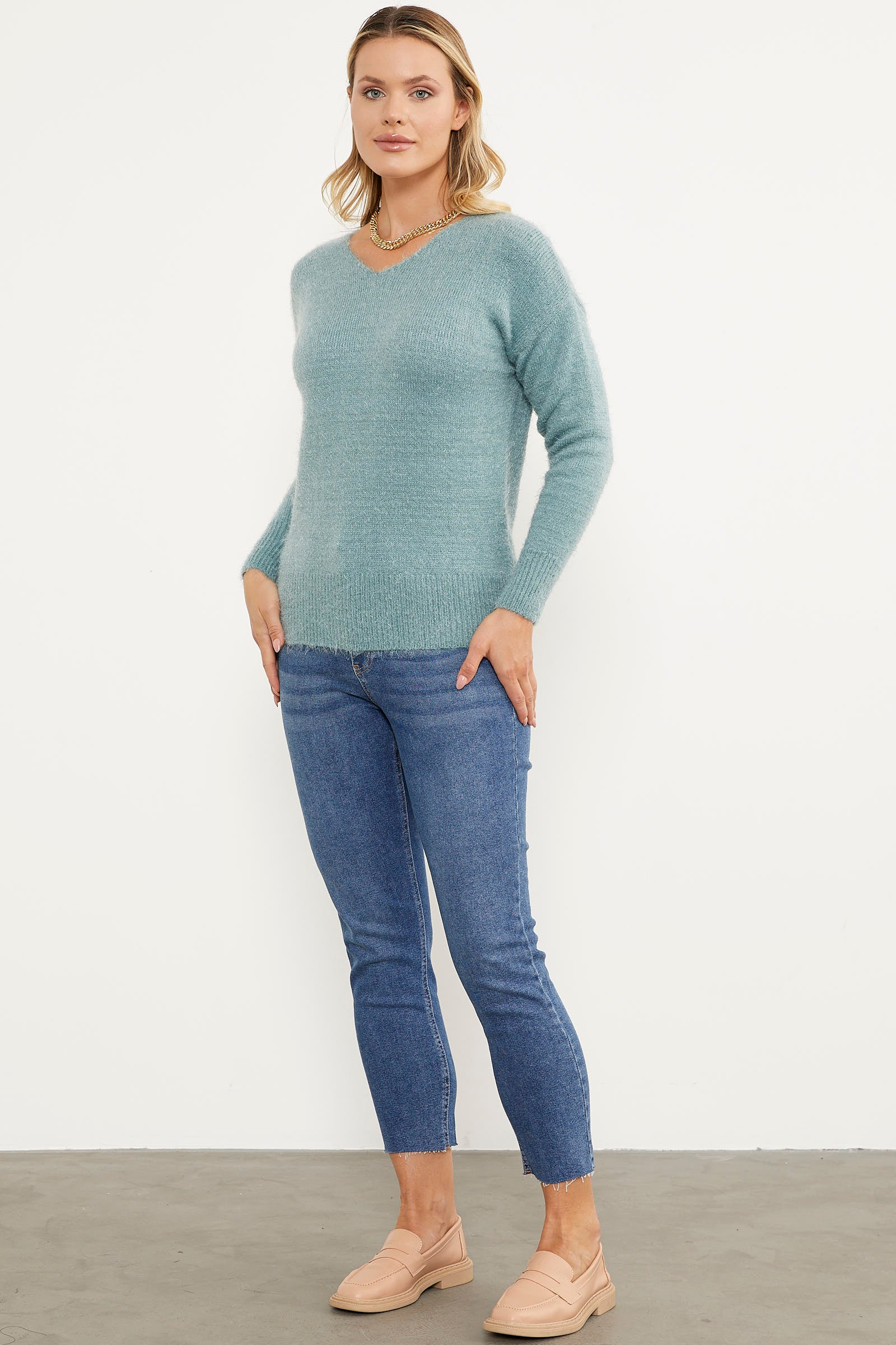 Basic V Yaka Triko Kazak - Mint (3) Sementa