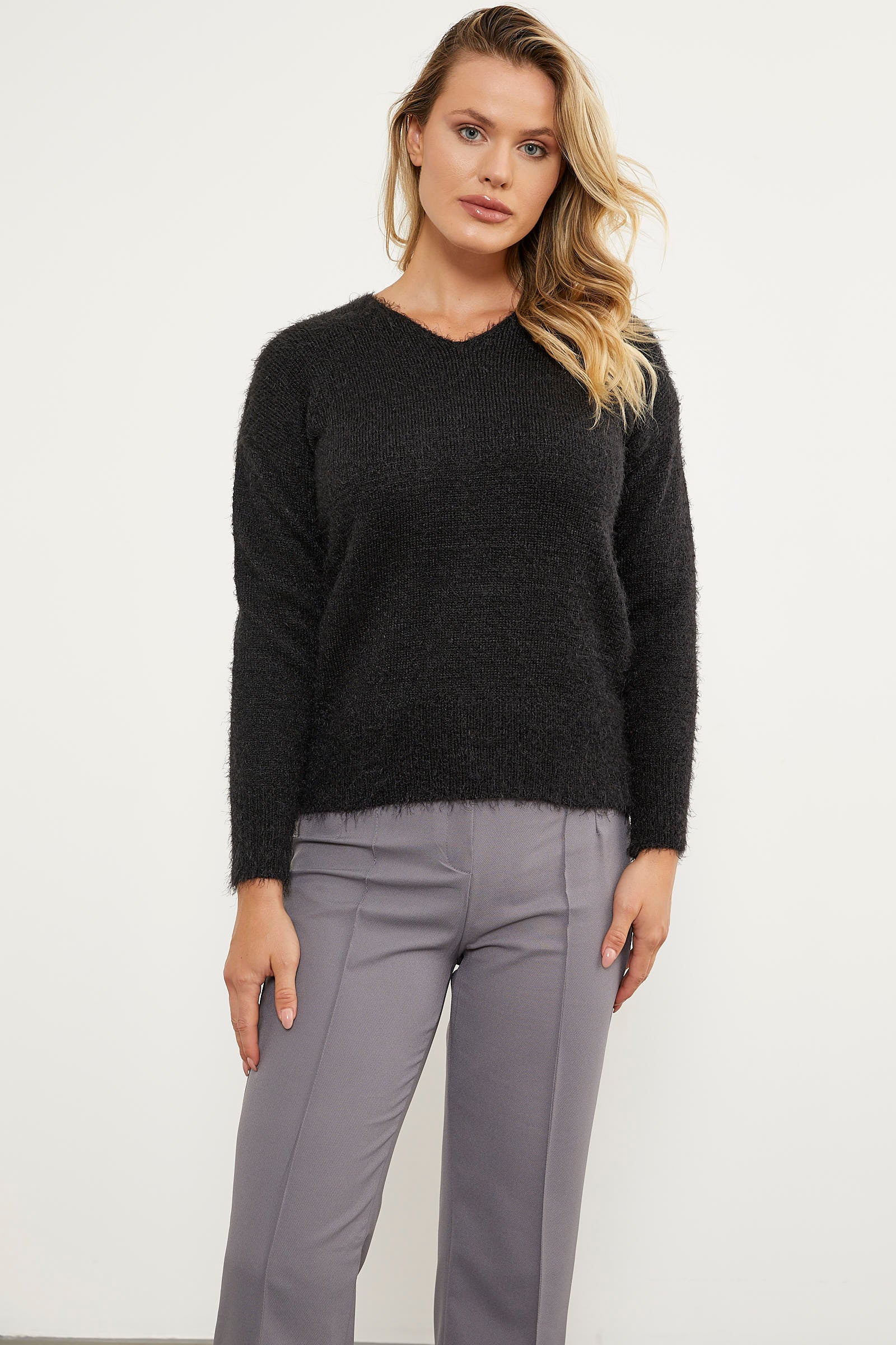 Basic V Yaka Triko Kazak - Siyah (2) Sementa