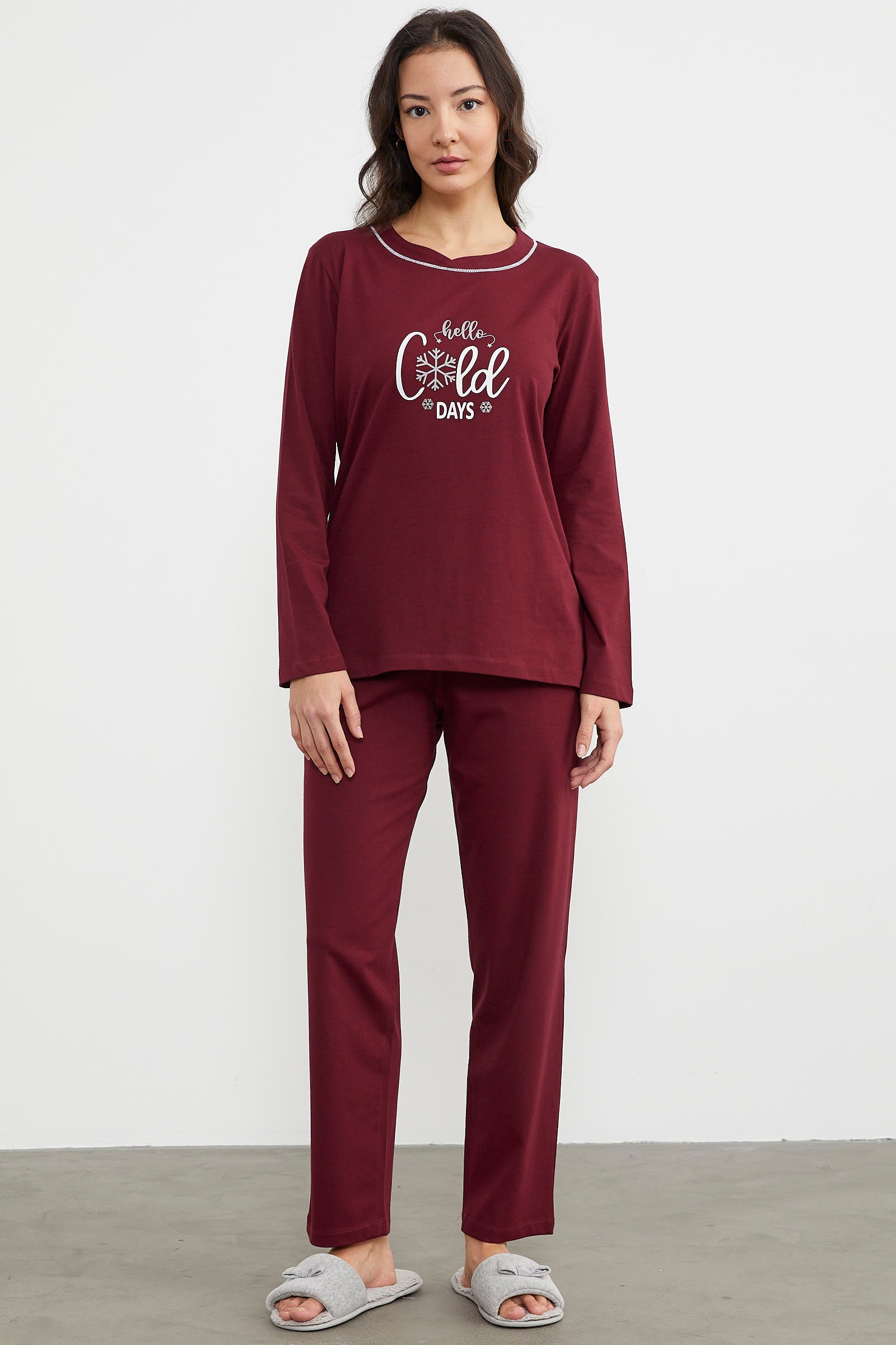 Baskı Detaylı Düz Pijama Takım - Bordo (2) Sementa