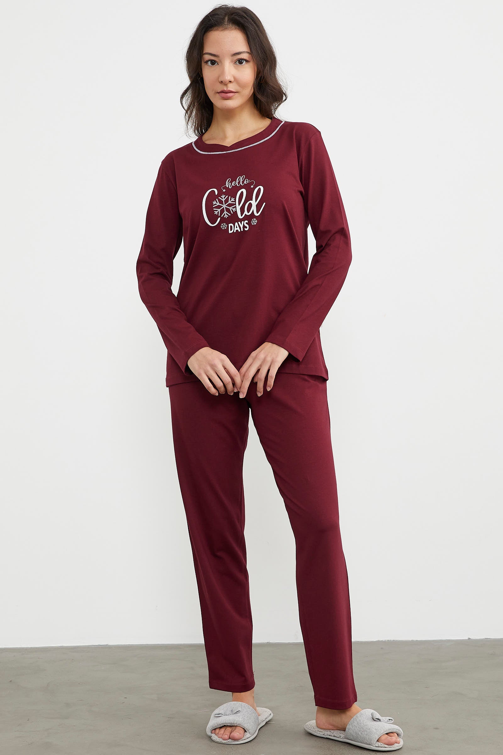 Baskı Detaylı Düz Pijama Takım - Bordo (3) Sementa