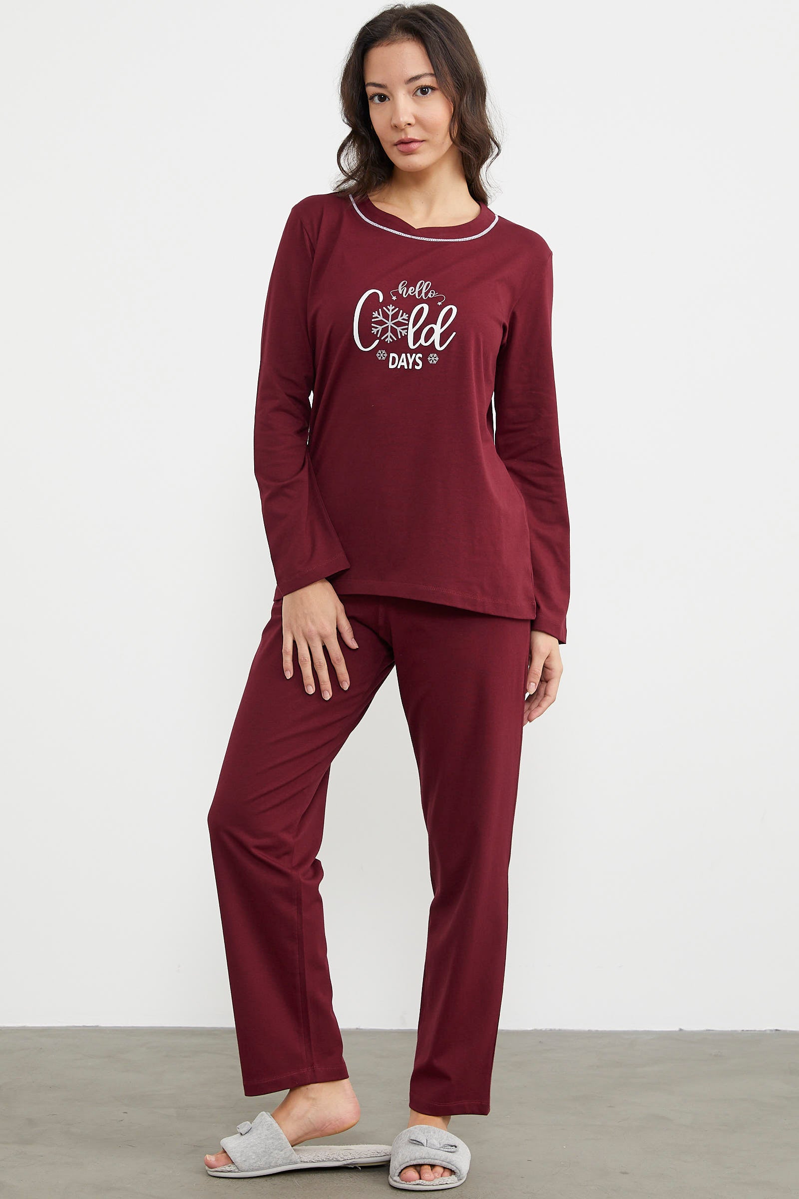 Baskı Detaylı Düz Pijama Takım - Bordo (4) Sementa