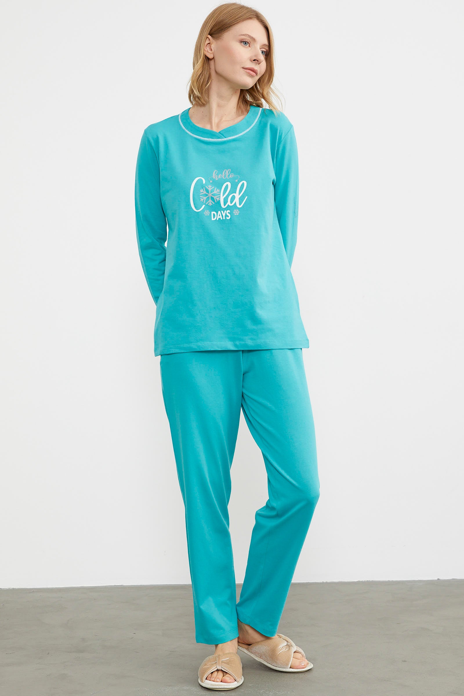 Baskı Detaylı Düz Pijama Takım - Mavi (2) Sementa