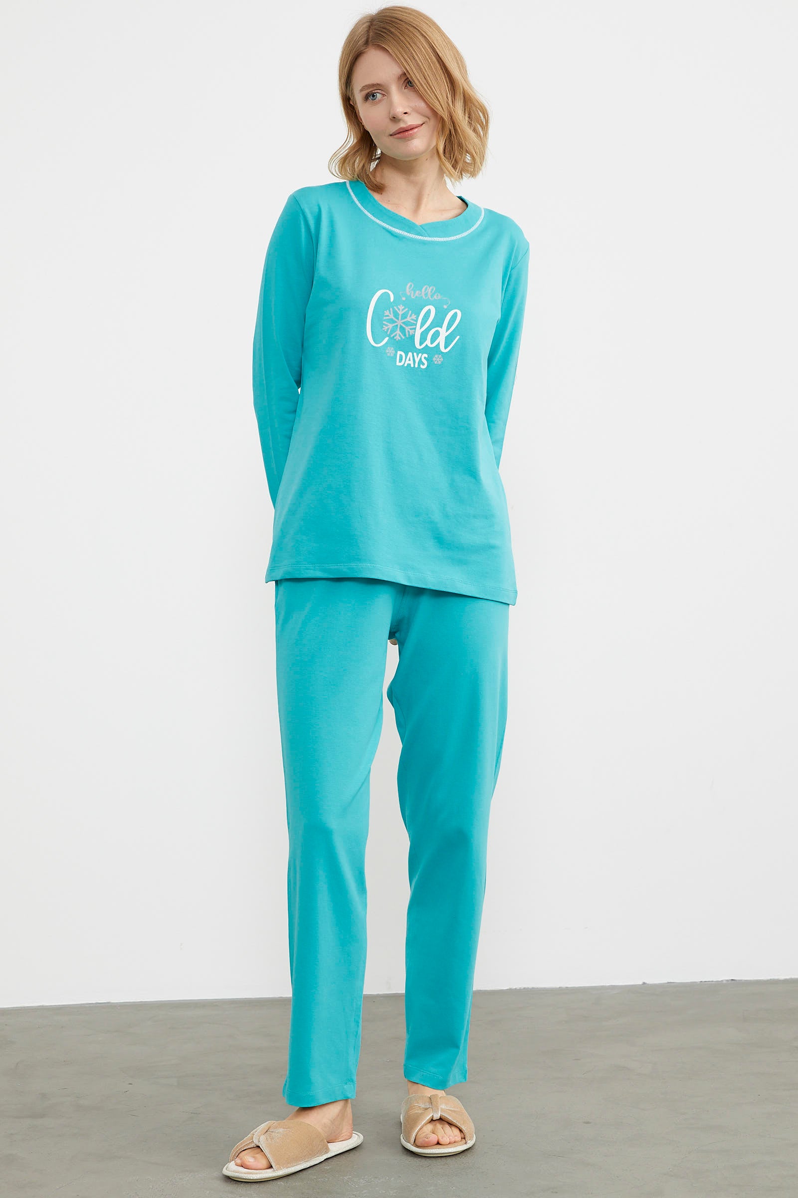 Baskı Detaylı Düz Pijama Takım - Mavi (3) Sementa