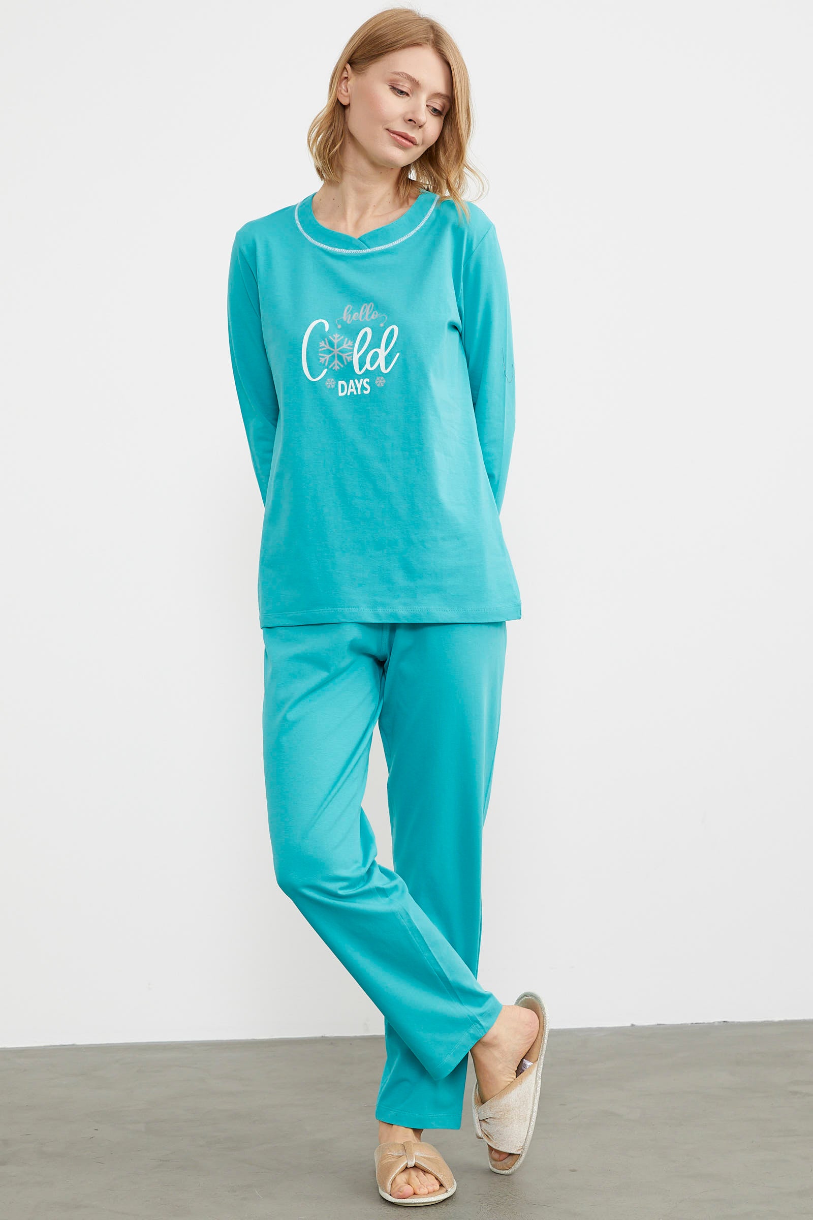 Baskı Detaylı Düz Pijama Takım - Mavi (4) Sementa