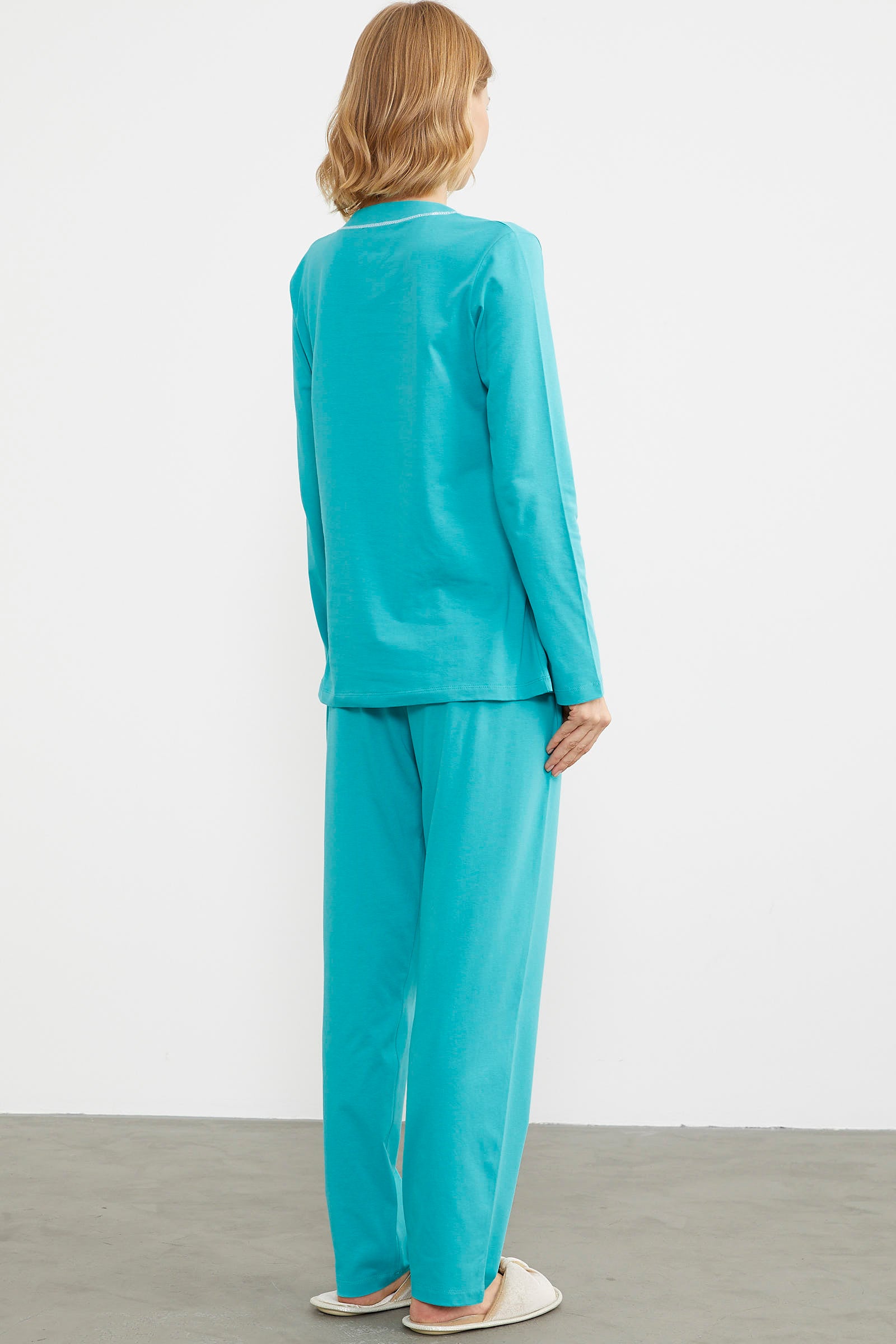 Baskı Detaylı Düz Pijama Takım - Mavi (5) Sementa