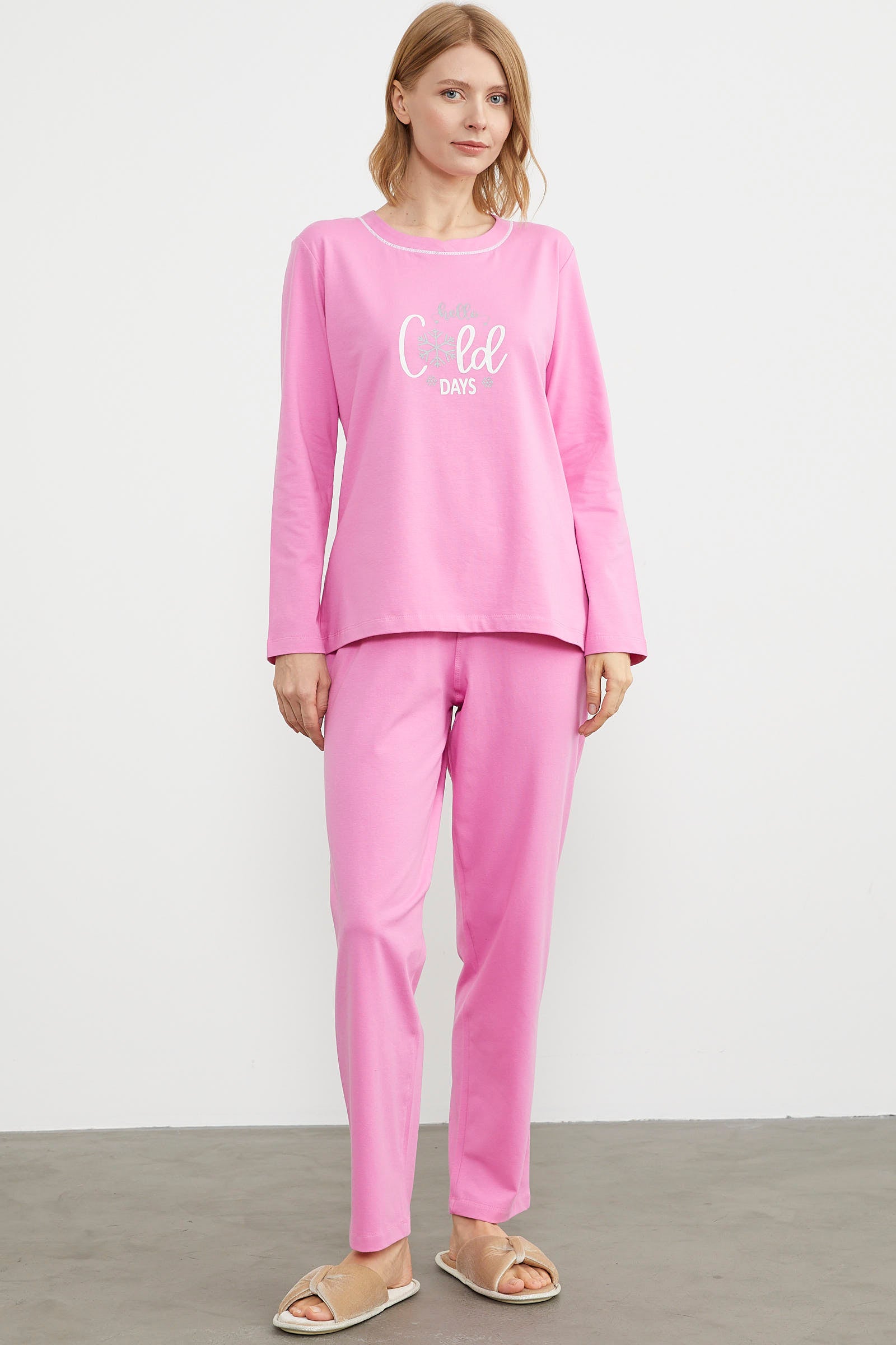 Baskı Detaylı Düz Pijama Takım - Pembe (1) Sementa