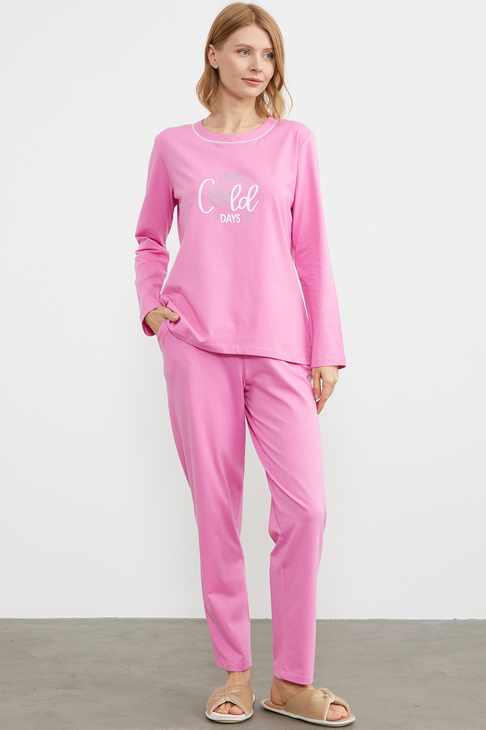 Baskı Detaylı Düz Pijama Takım - Pembe (2) Sementa