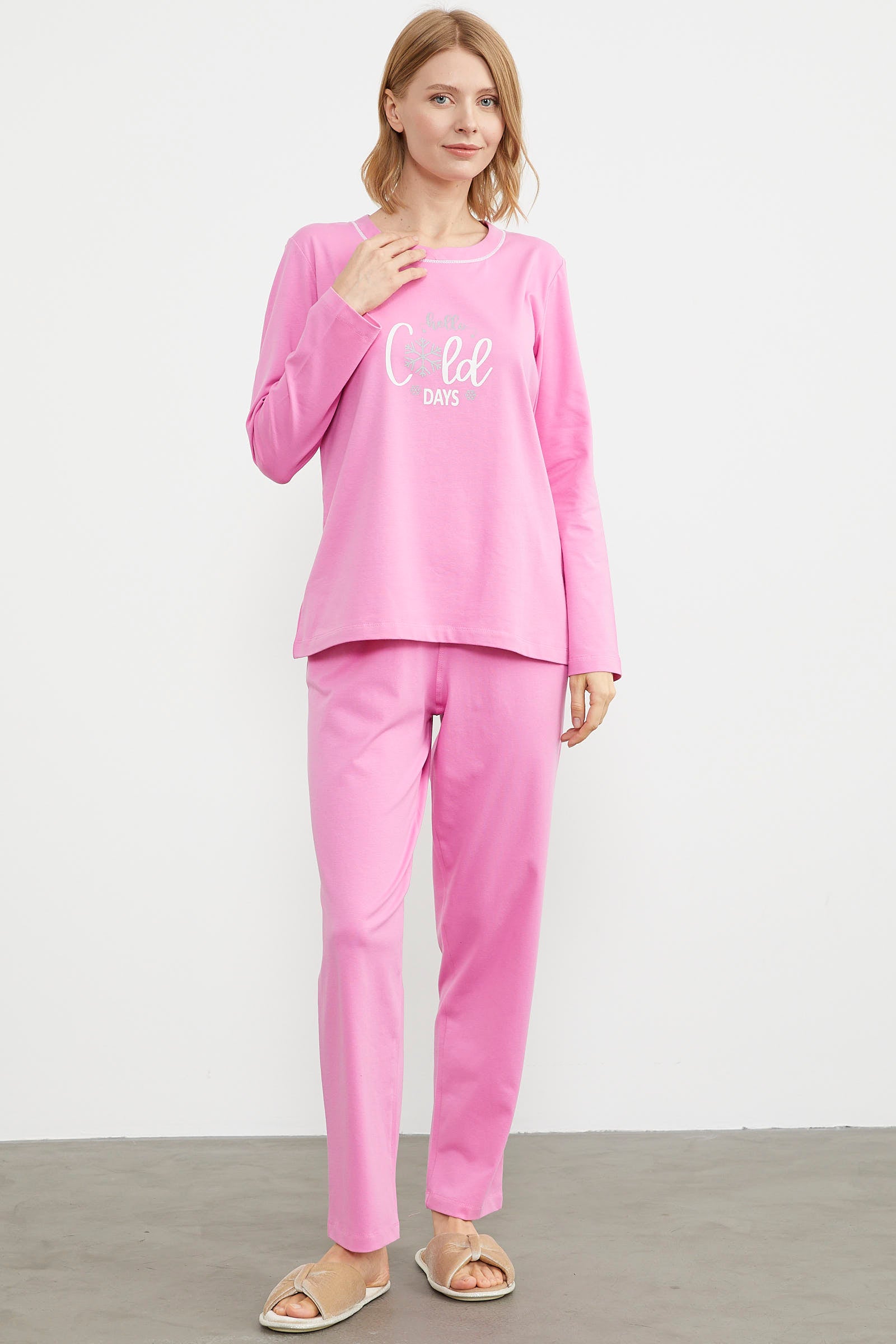 Baskı Detaylı Düz Pijama Takım - Pembe (3) Sementa