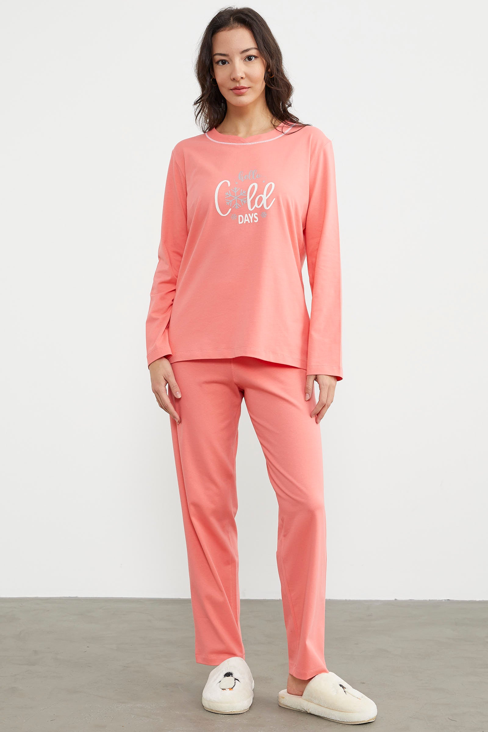 Baskı Detaylı Düz Pijama Takım - Somon (1) Sementa