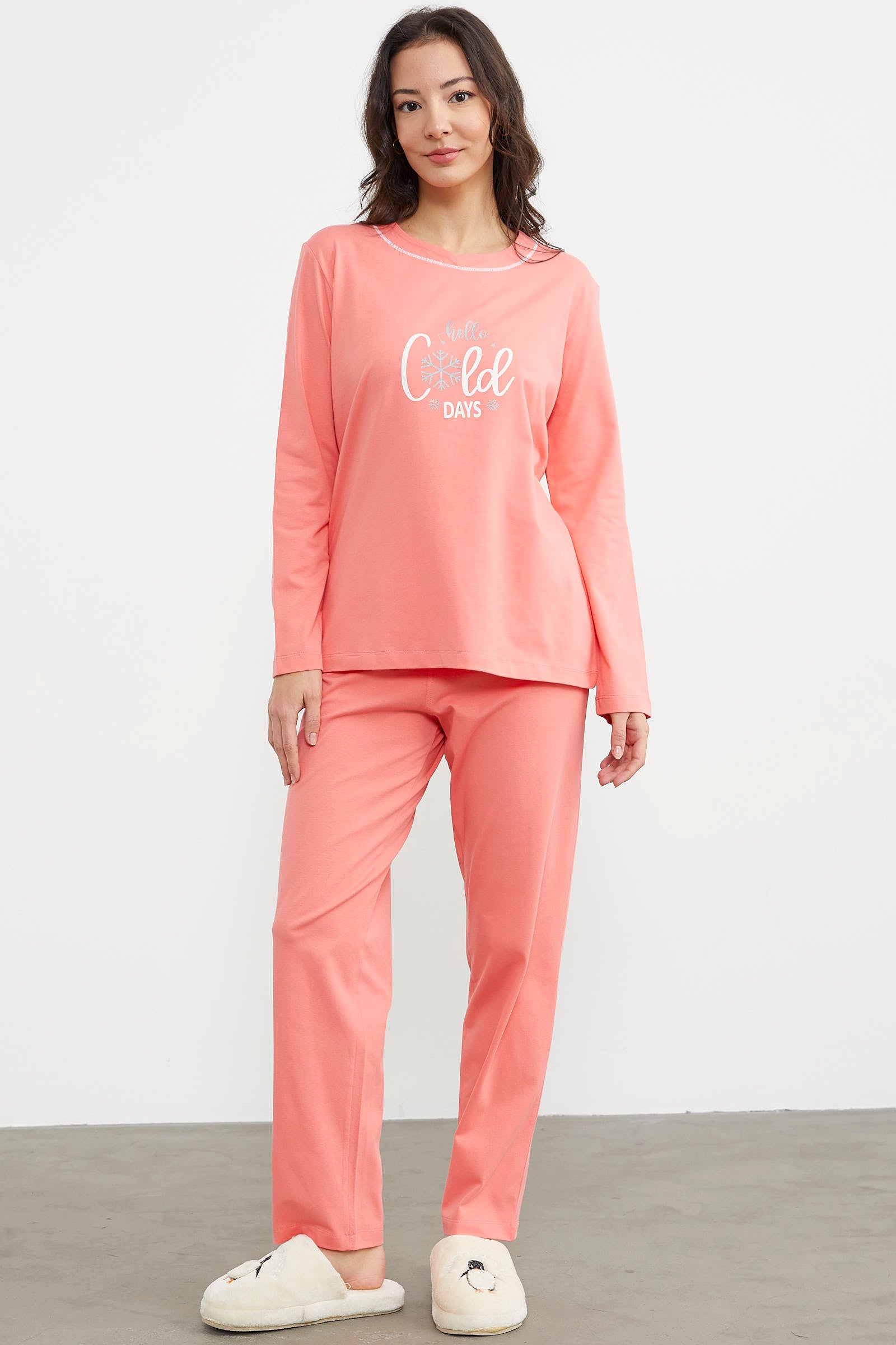 Baskı Detaylı Düz Pijama Takım - Somon (2) Sementa