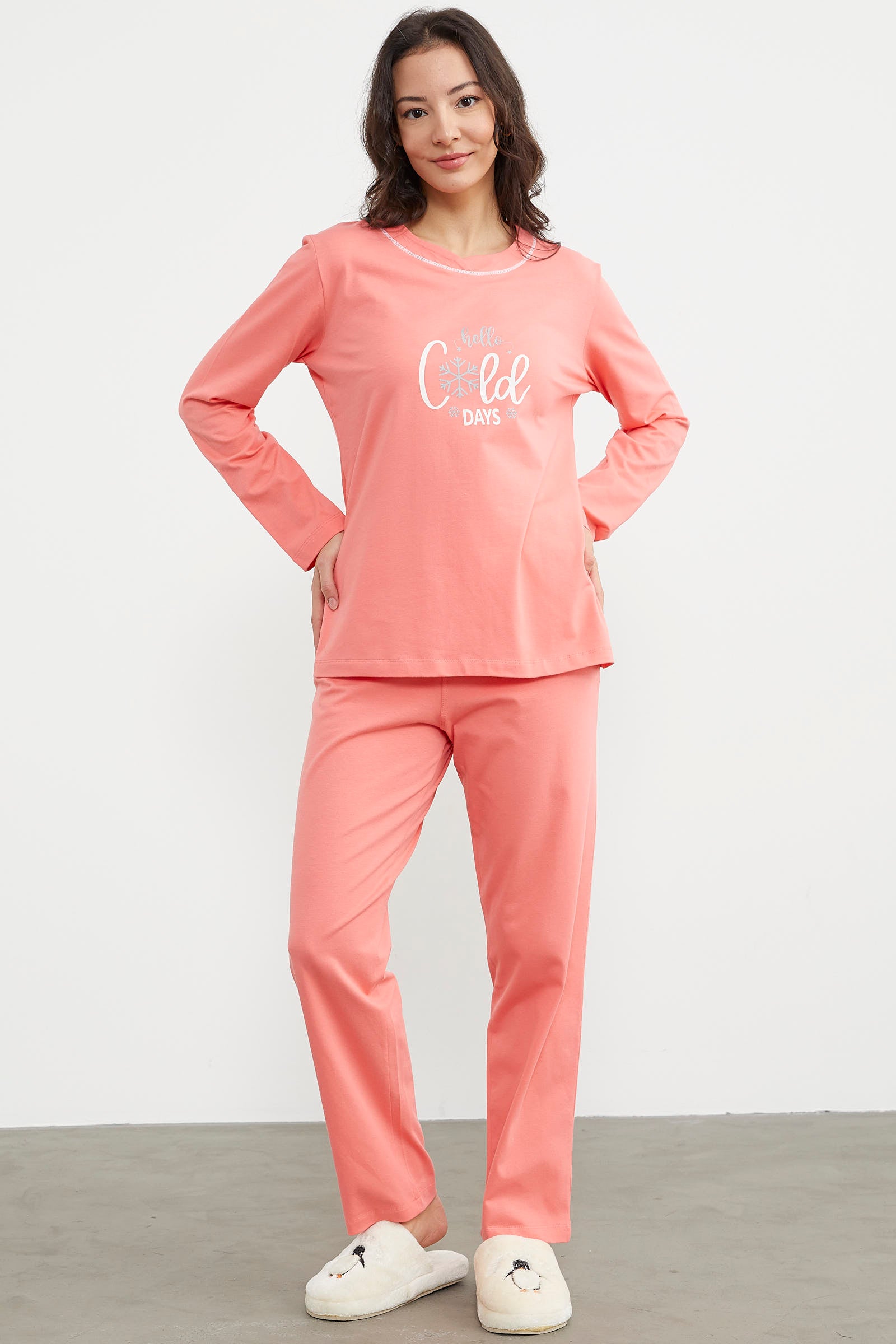 Baskı Detaylı Düz Pijama Takım - Somon (3) Sementa