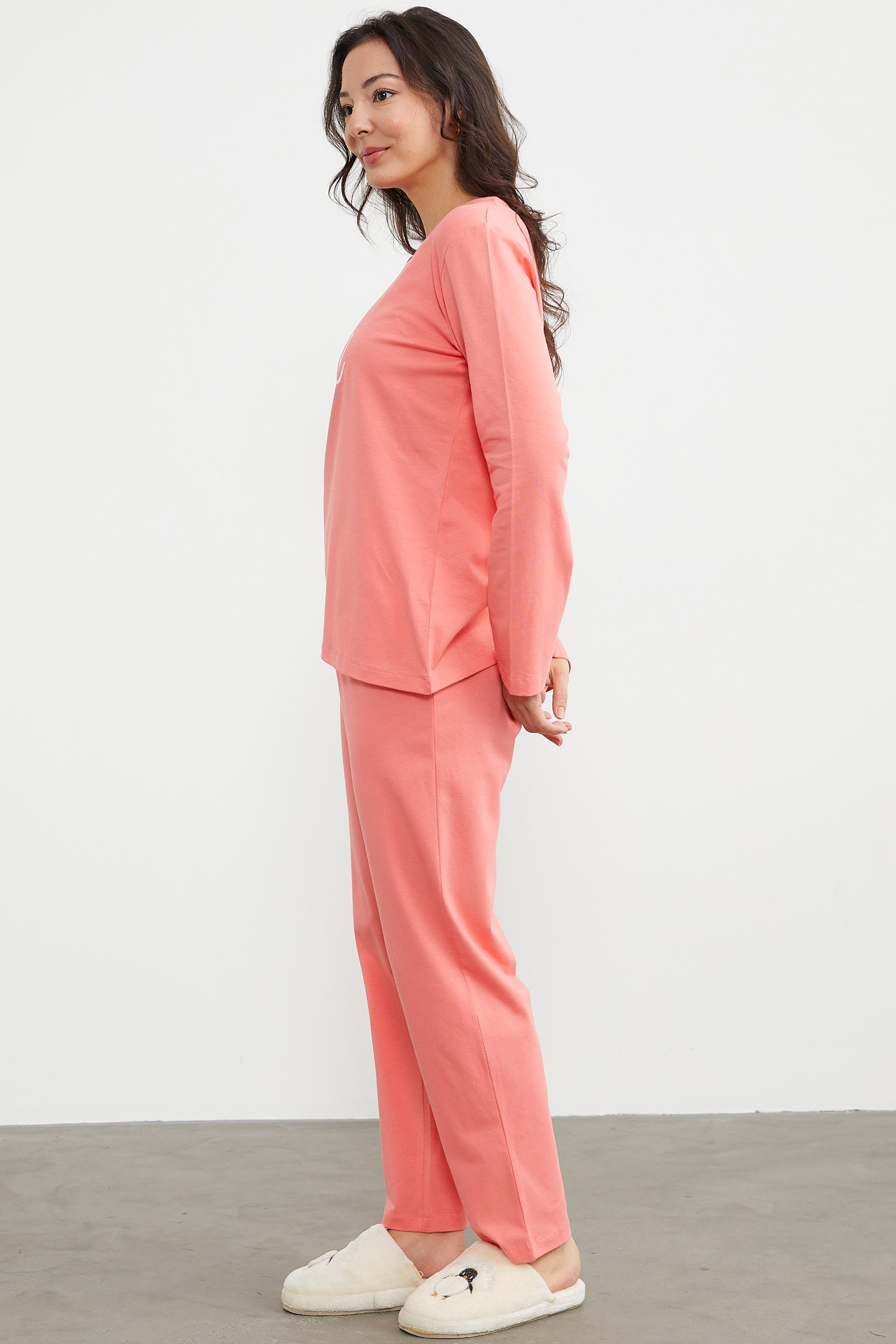 Baskı Detaylı Düz Pijama Takım - Somon (4) Sementa