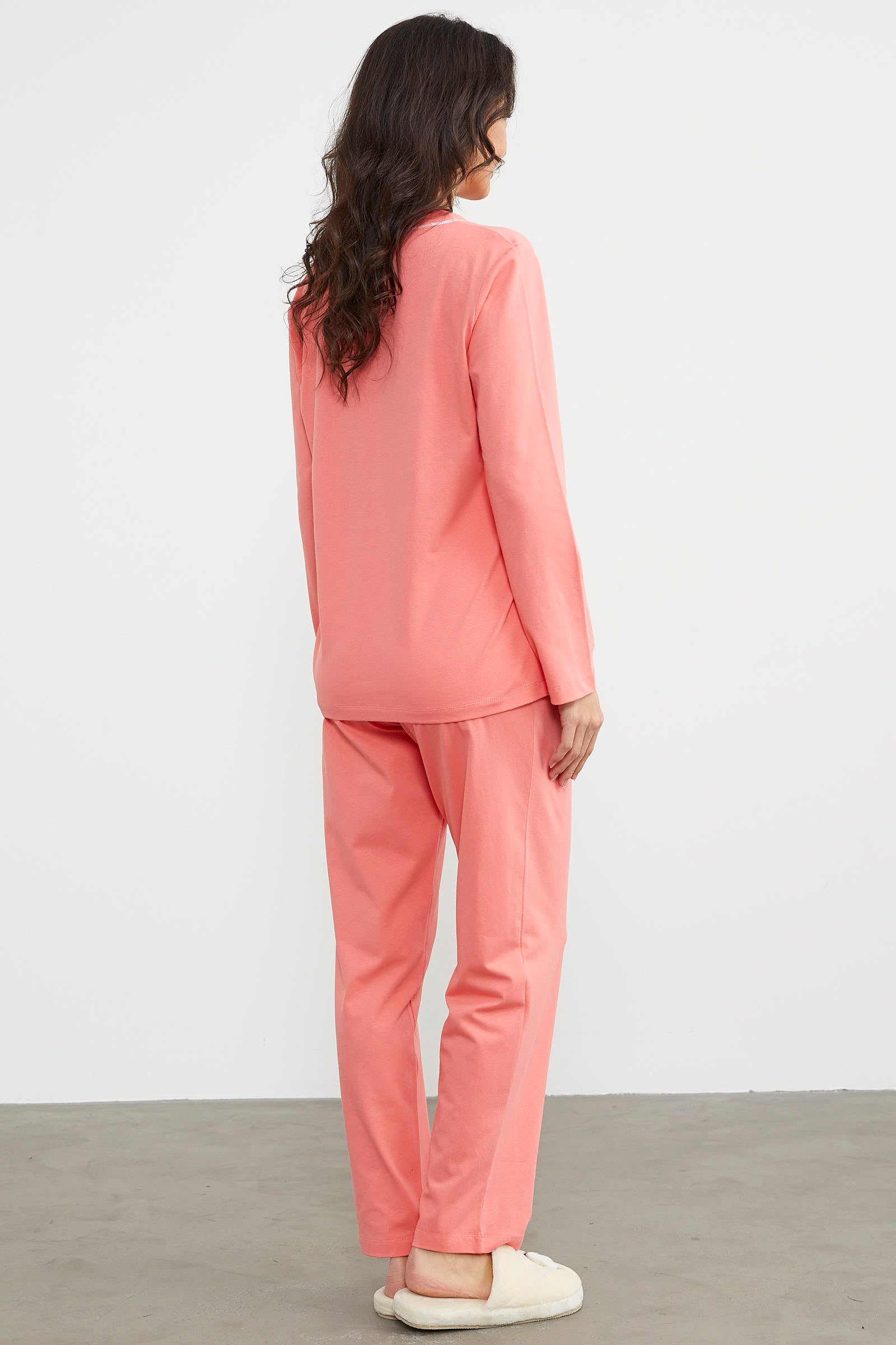 Baskı Detaylı Düz Pijama Takım - Somon (5) Sementa