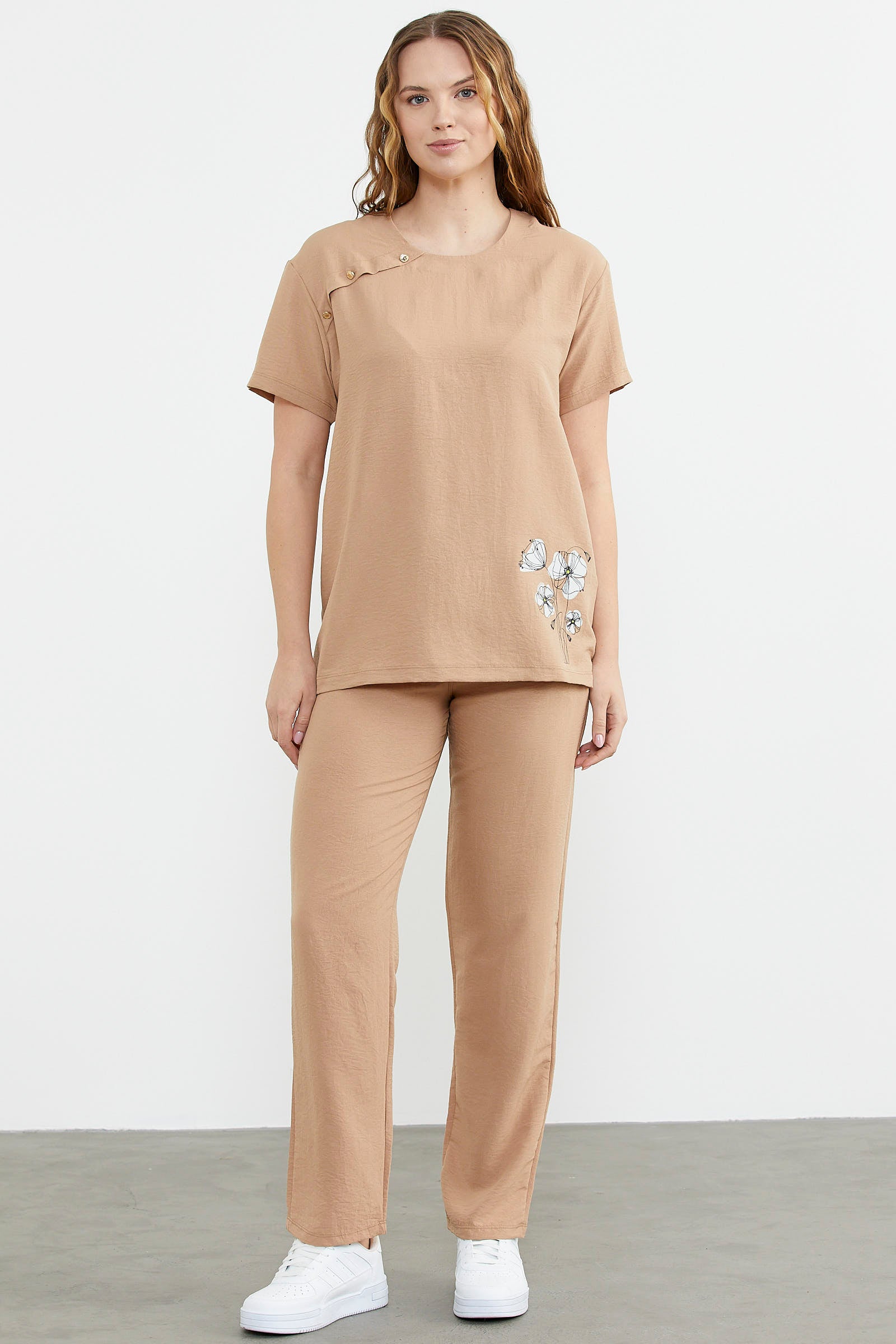 Baskı Detaylı İkili Krep Takım - Kamel (2) Sementa