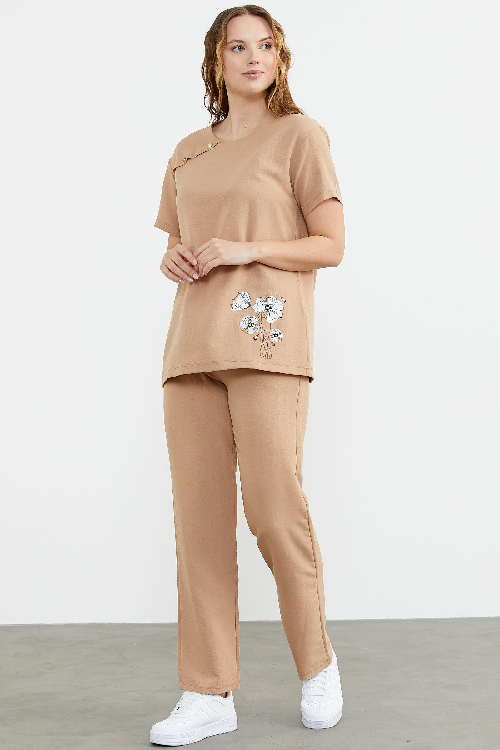 Baskı Detaylı İkili Krep Takım - Kamel (3) Sementa