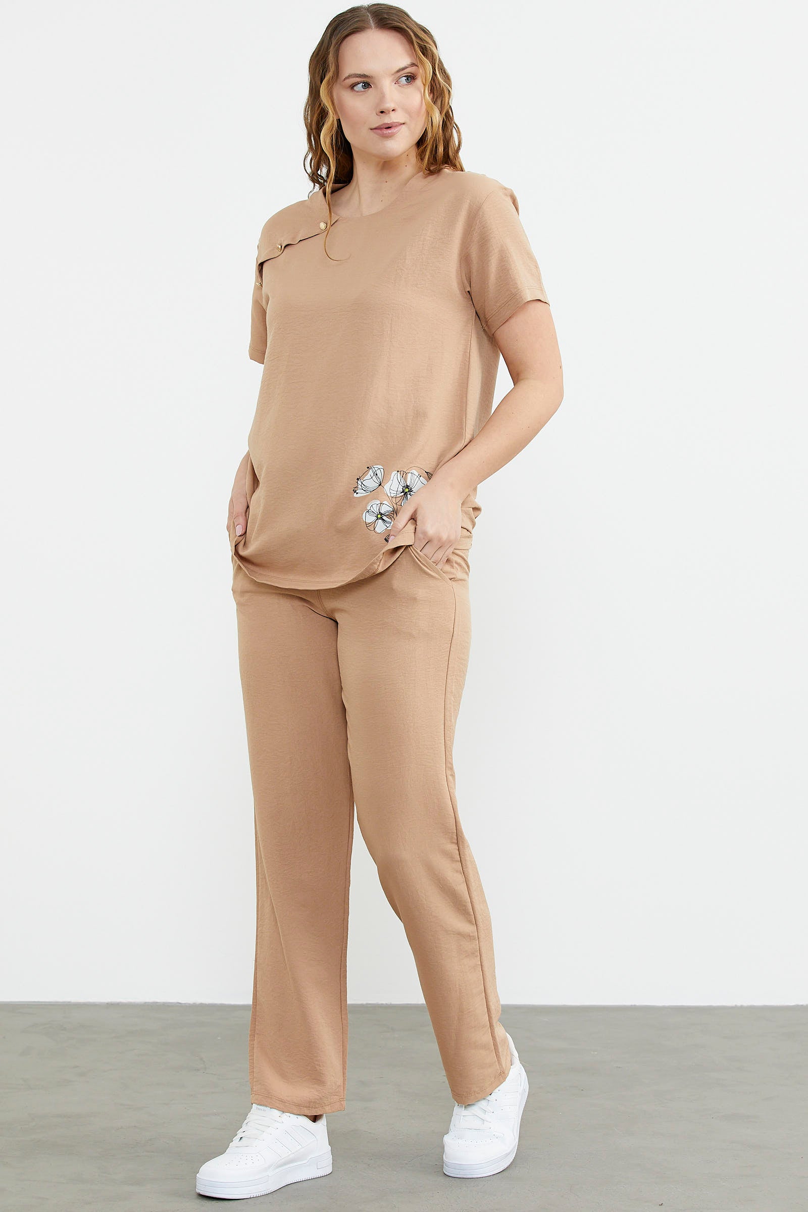 Baskı Detaylı İkili Krep Takım - Kamel (5) Sementa