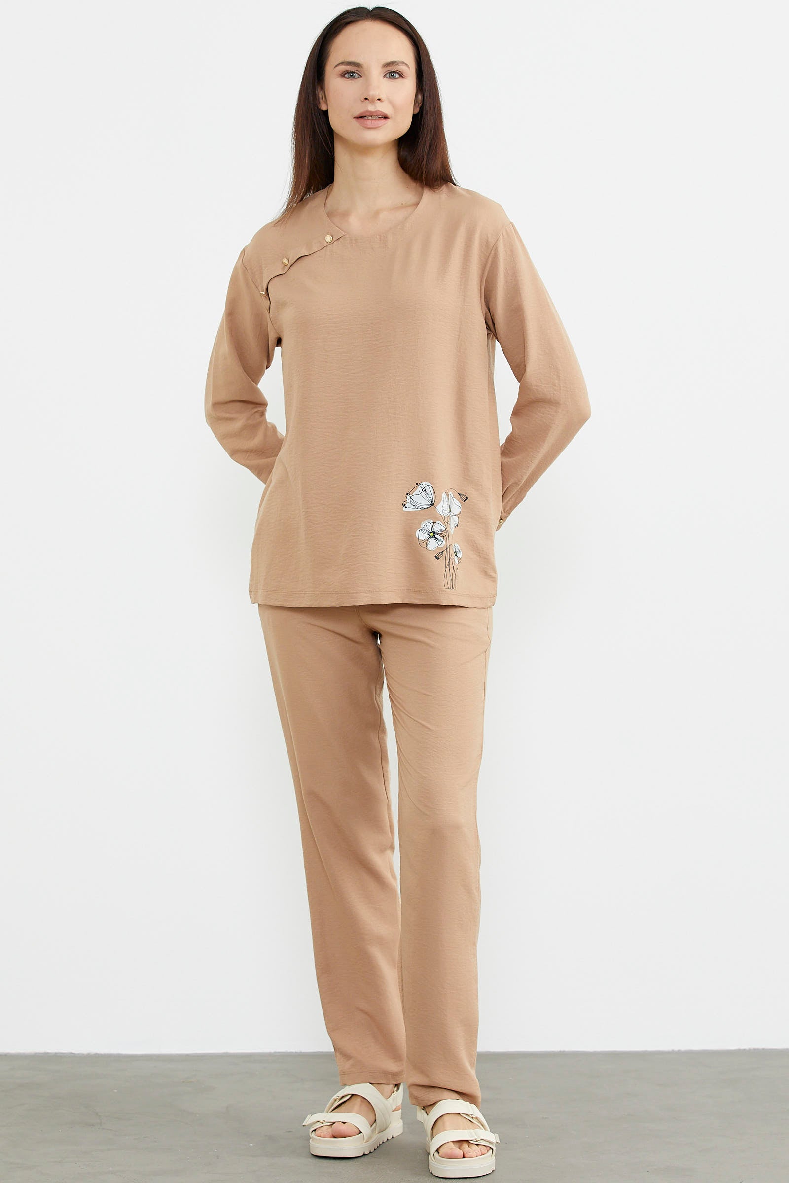 Baskı Detaylı Uzun Kol Krep Takım - Kamel (2) Sementa