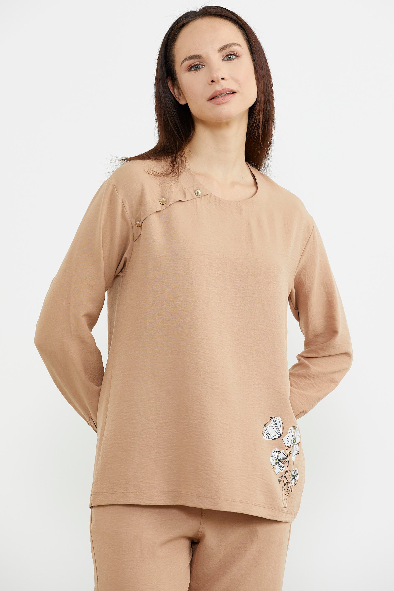 Baskı Detaylı Uzun Kol Krep Takım - Kamel (3) Sementa