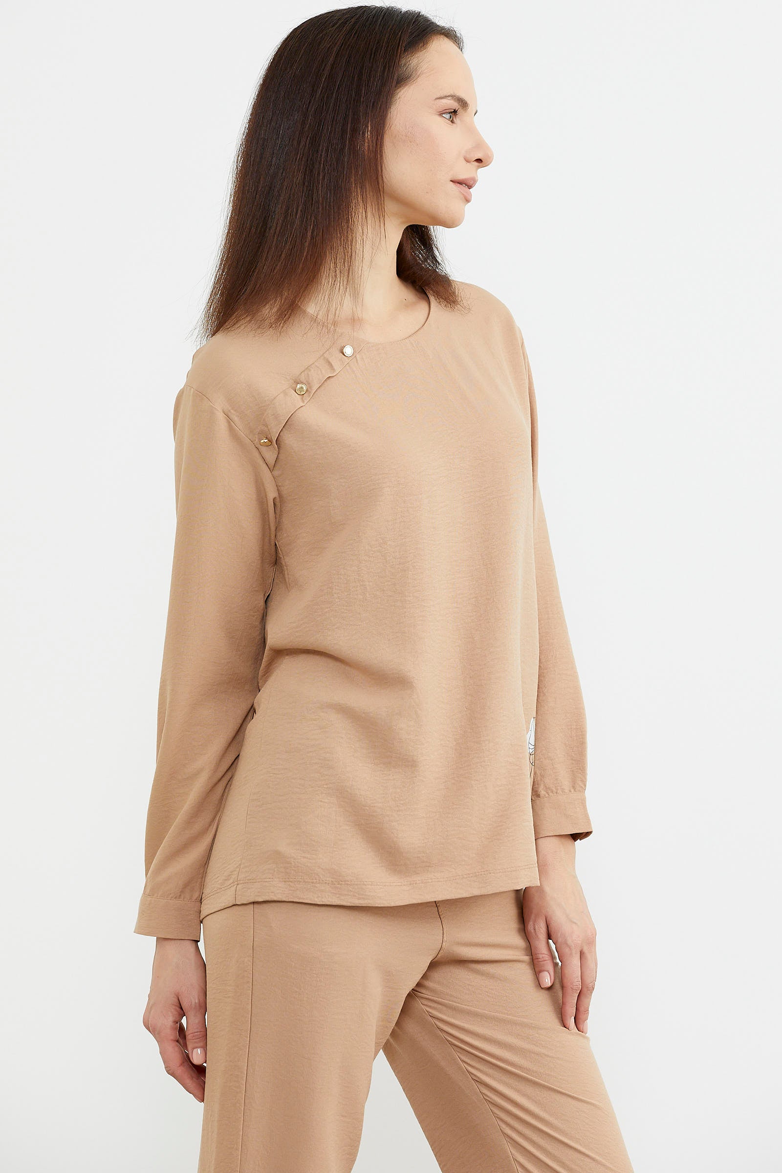 Baskı Detaylı Uzun Kol Krep Takım - Kamel (6) Sementa