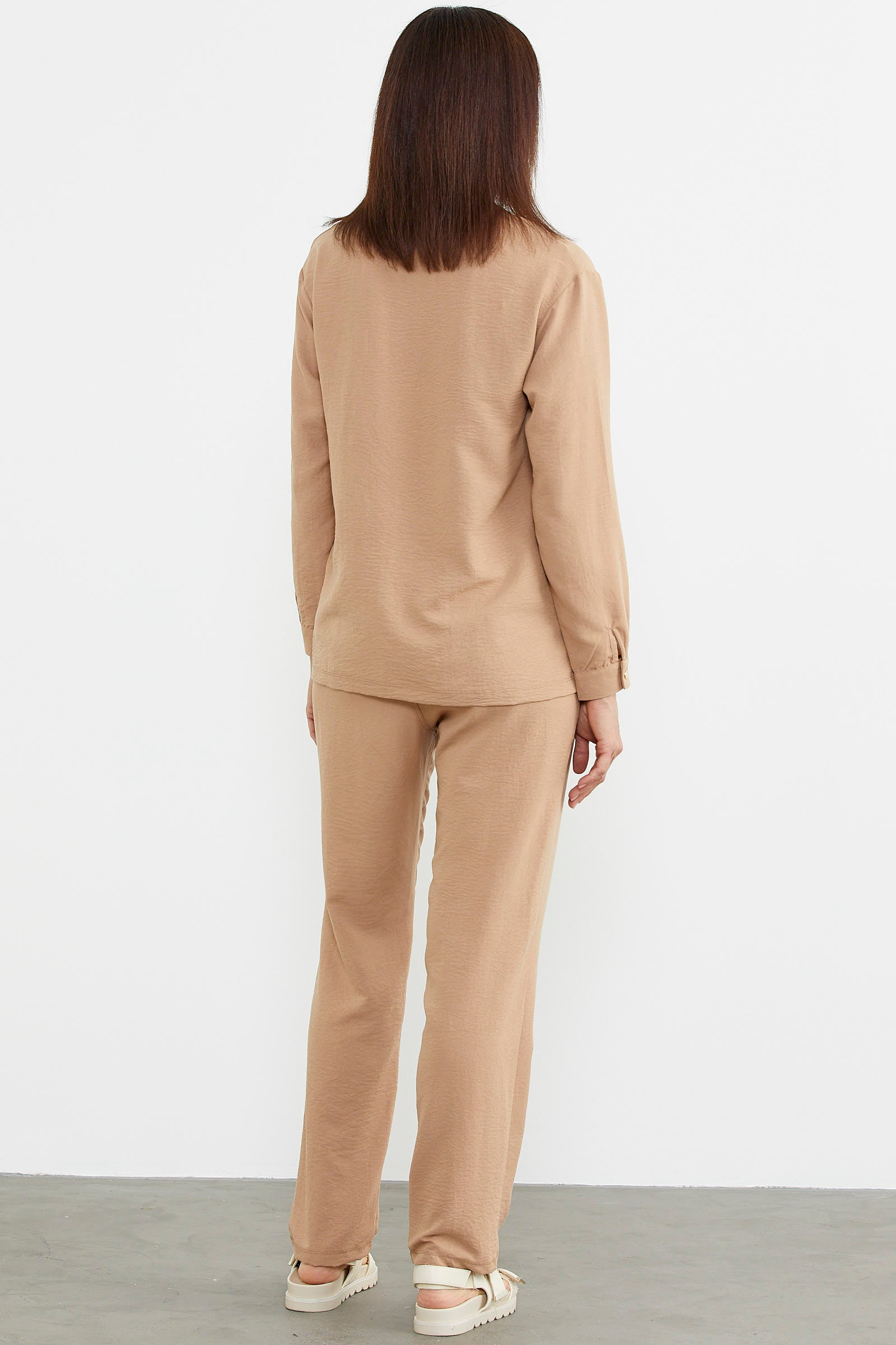 Baskı Detaylı Uzun Kol Krep Takım - Kamel (7) Sementa