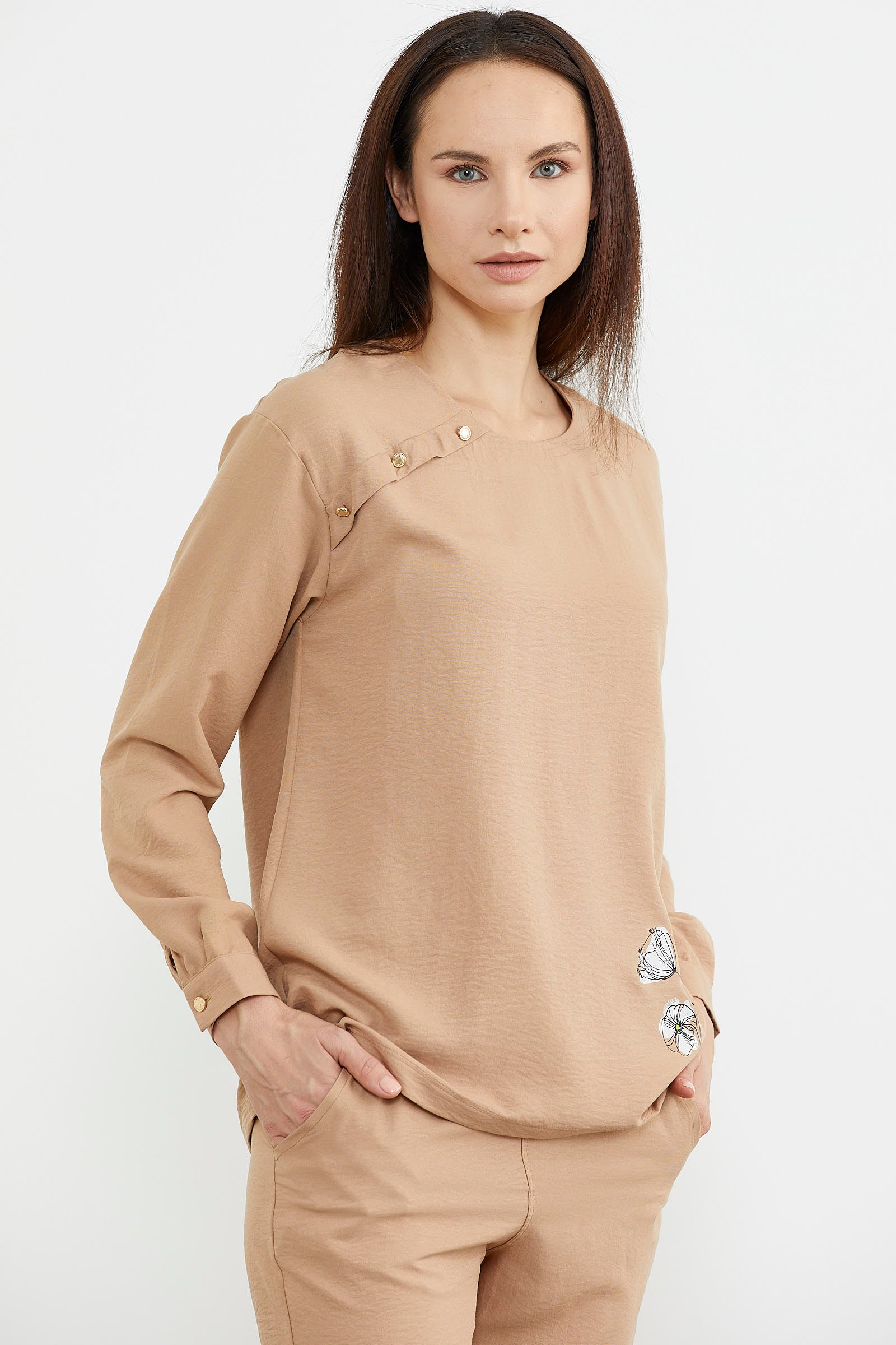 Baskı Detaylı Uzun Kol Krep Takım - Kamel (4) Sementa