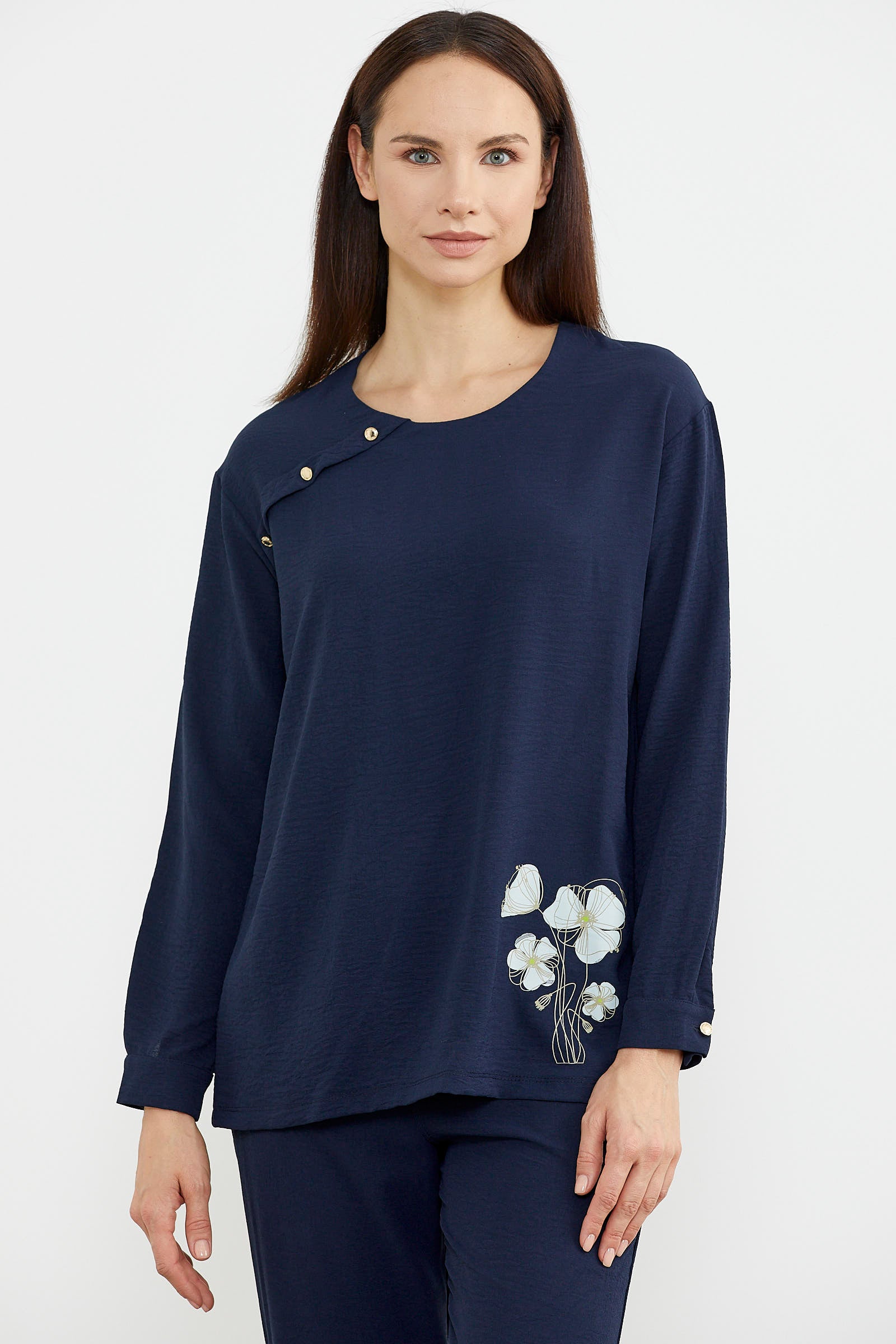 Baskı Detaylı Uzun Kol Krep Takım - Lacivert (2) Sementa