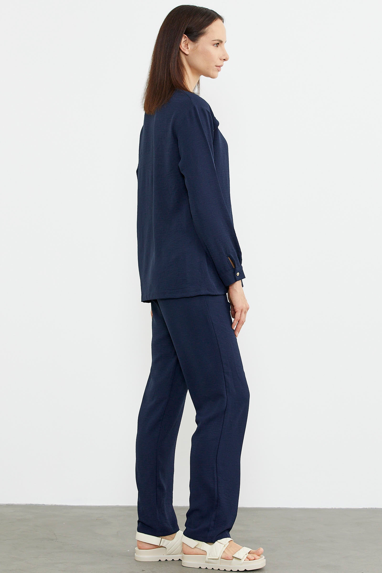 Baskı Detaylı Uzun Kol Krep Takım - Lacivert (5) Sementa