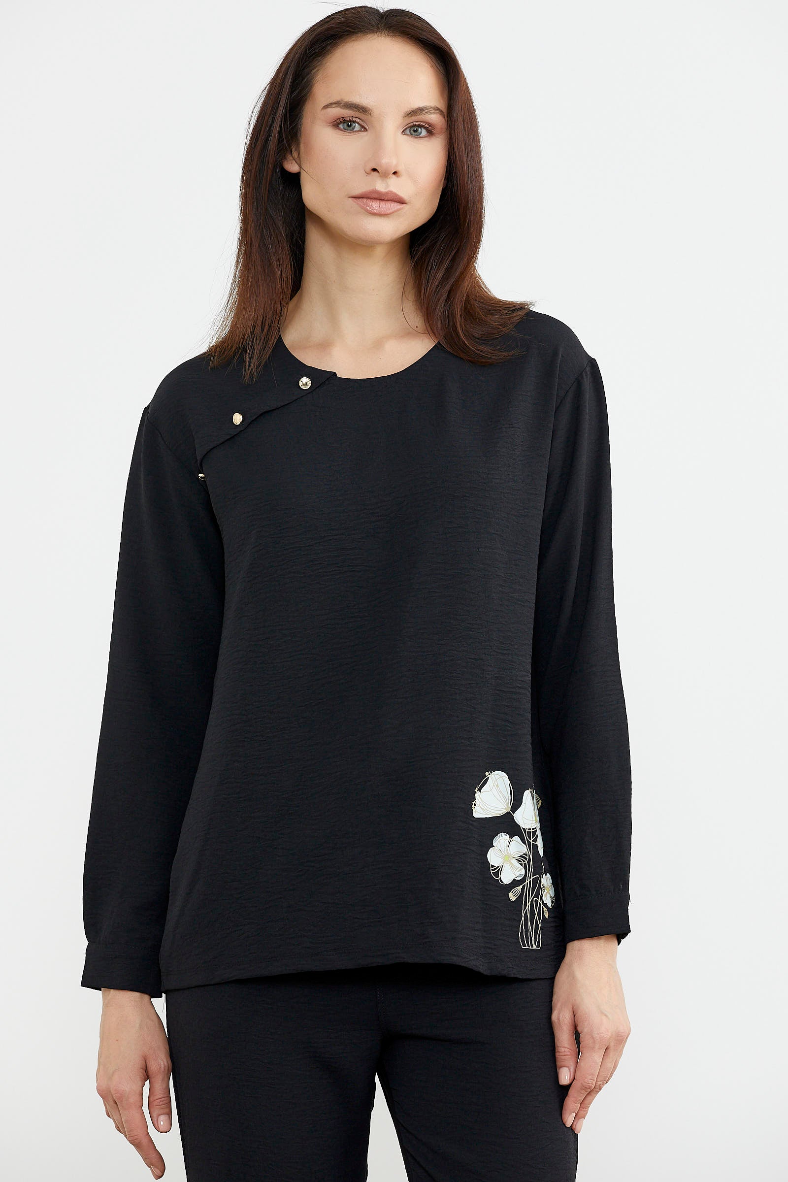 Baskı Detaylı Uzun Kol Krep Takım - Siyah (2) Sementa